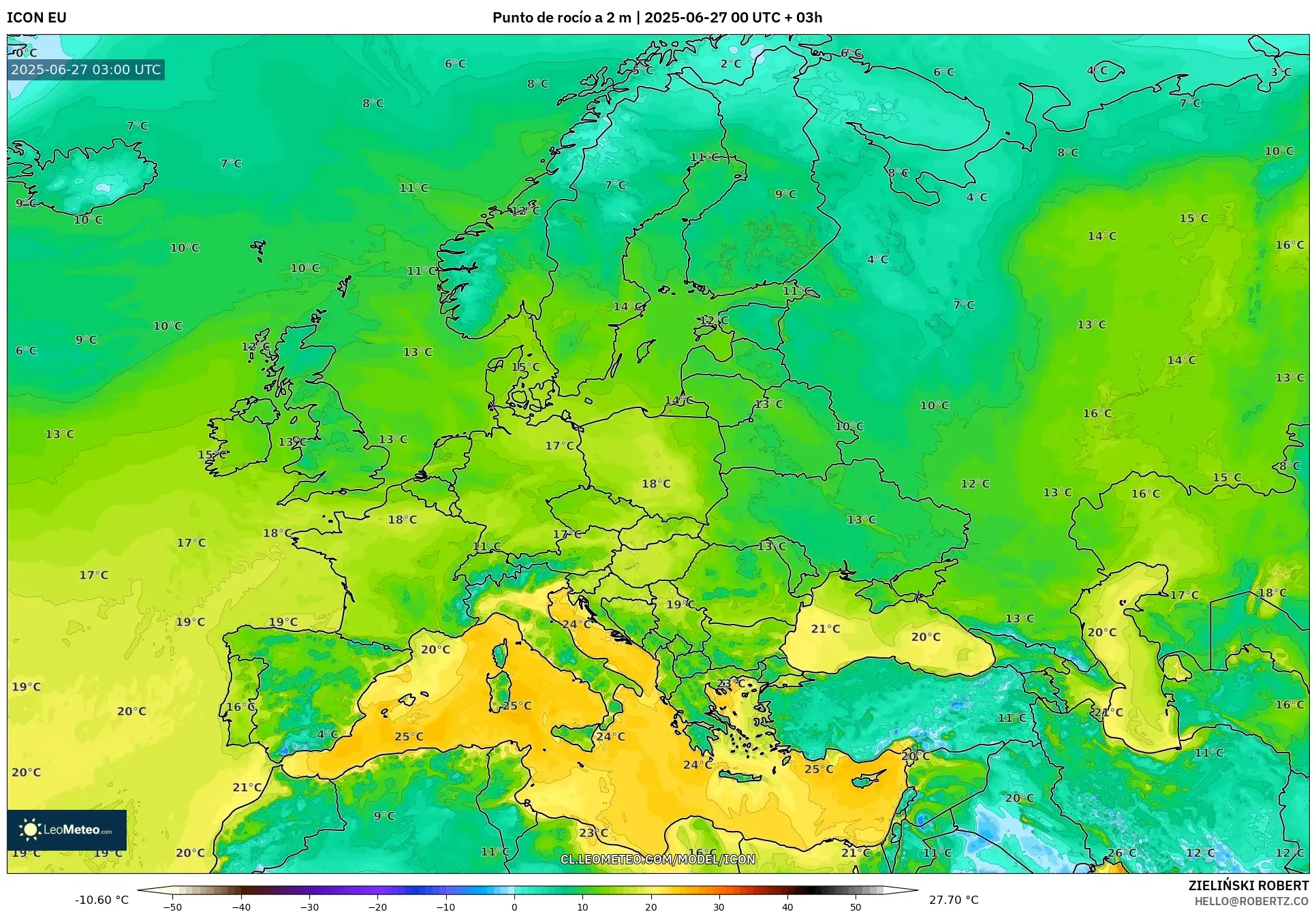 ICON model - Europa, Punto de rocío a 2 m ICON model - Europa, Punto de rocío a 2 m