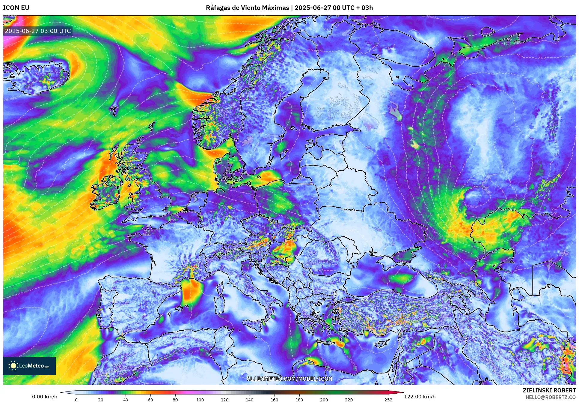 ICON model - Europa, Ráfagas de Viento Máximas ICON model - Europa, Ráfagas de Viento Máximas