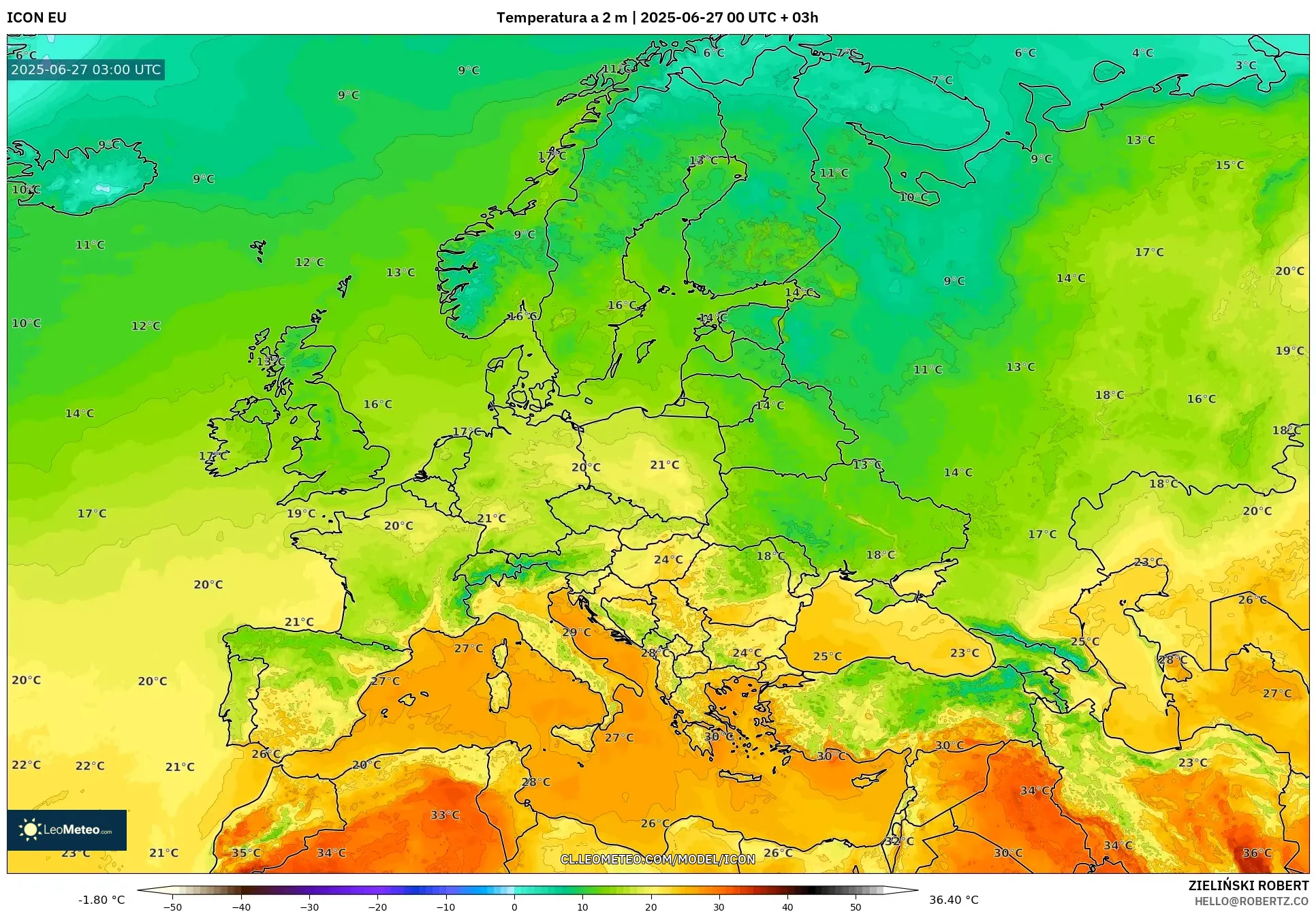ICON model - Europa, Temperatura a 2 m ICON model - Europa, Temperatura a 2 m