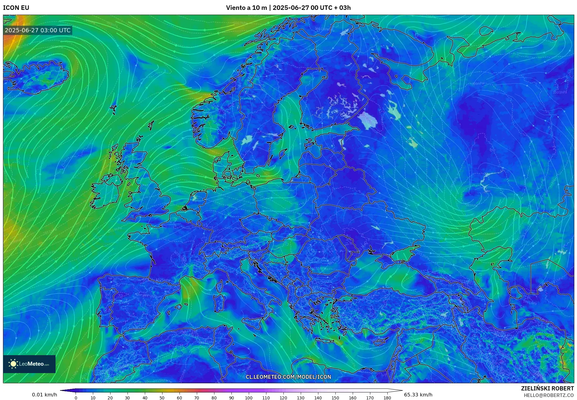 ICON model - Europa, Viento a 10 m ICON model - Europa, Viento a 10 m