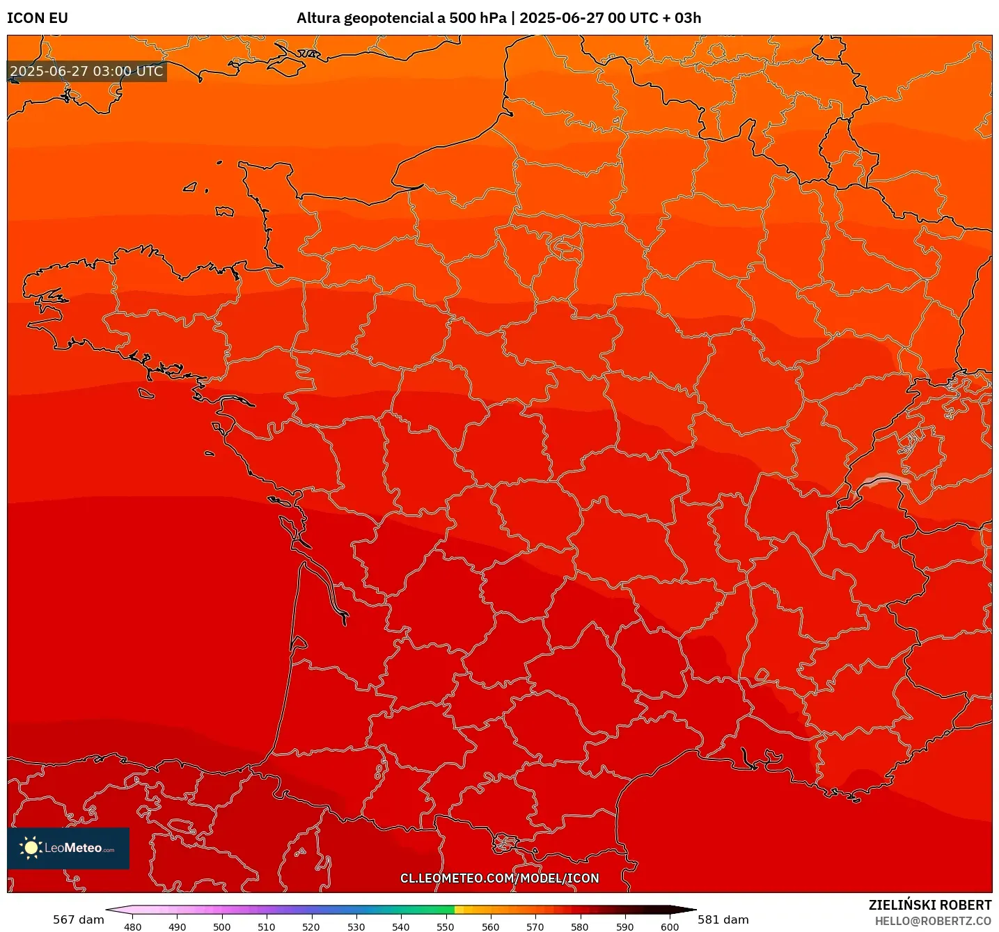 ICON model - Francia, Altura geopotencial a 500 hPa ICON model - Francia, Altura geopotencial a 500 hPa