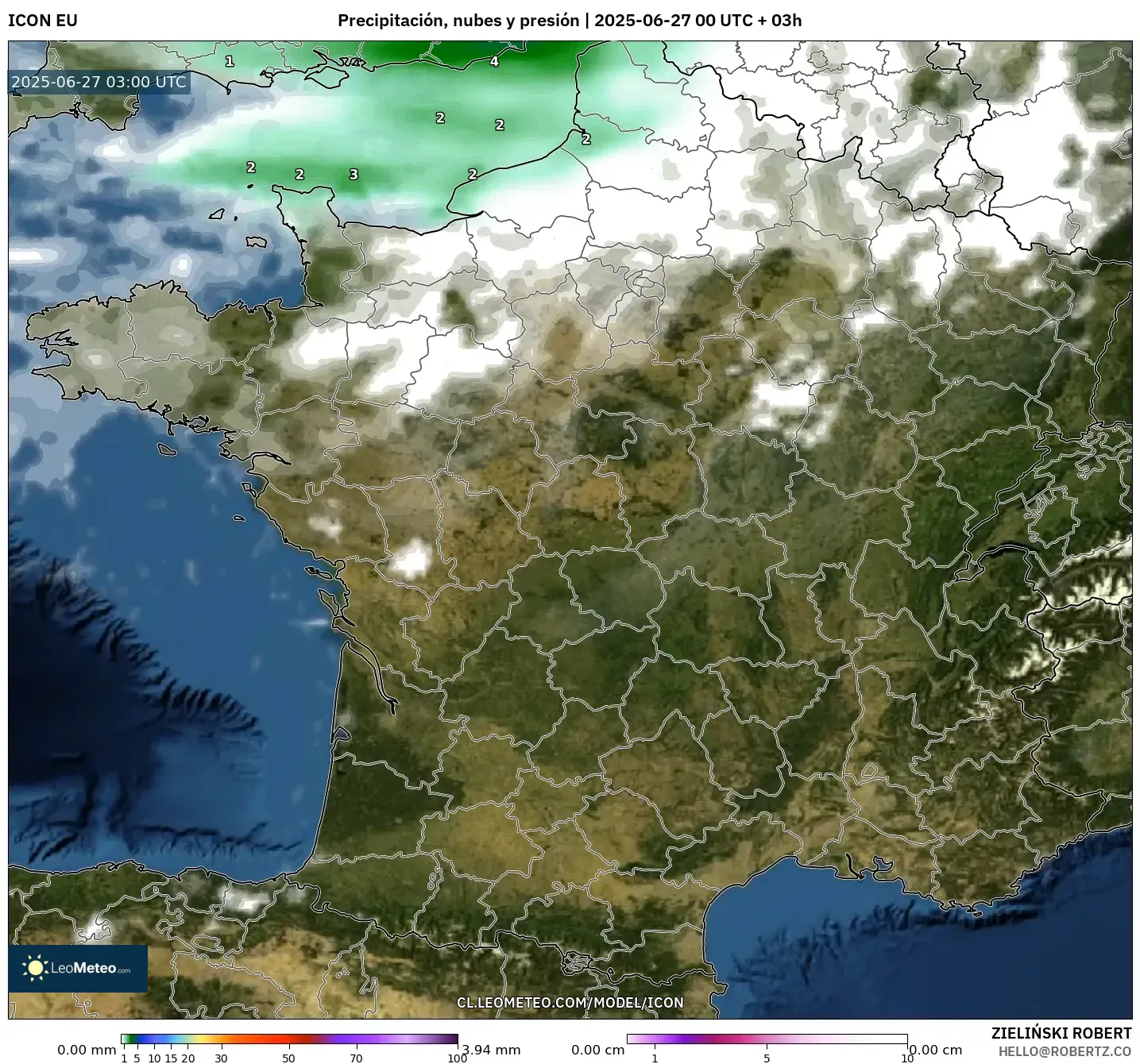 ICON model - Francia, Precipitación, nubes y presión ICON model - Francia, Precipitación, nubes y presión