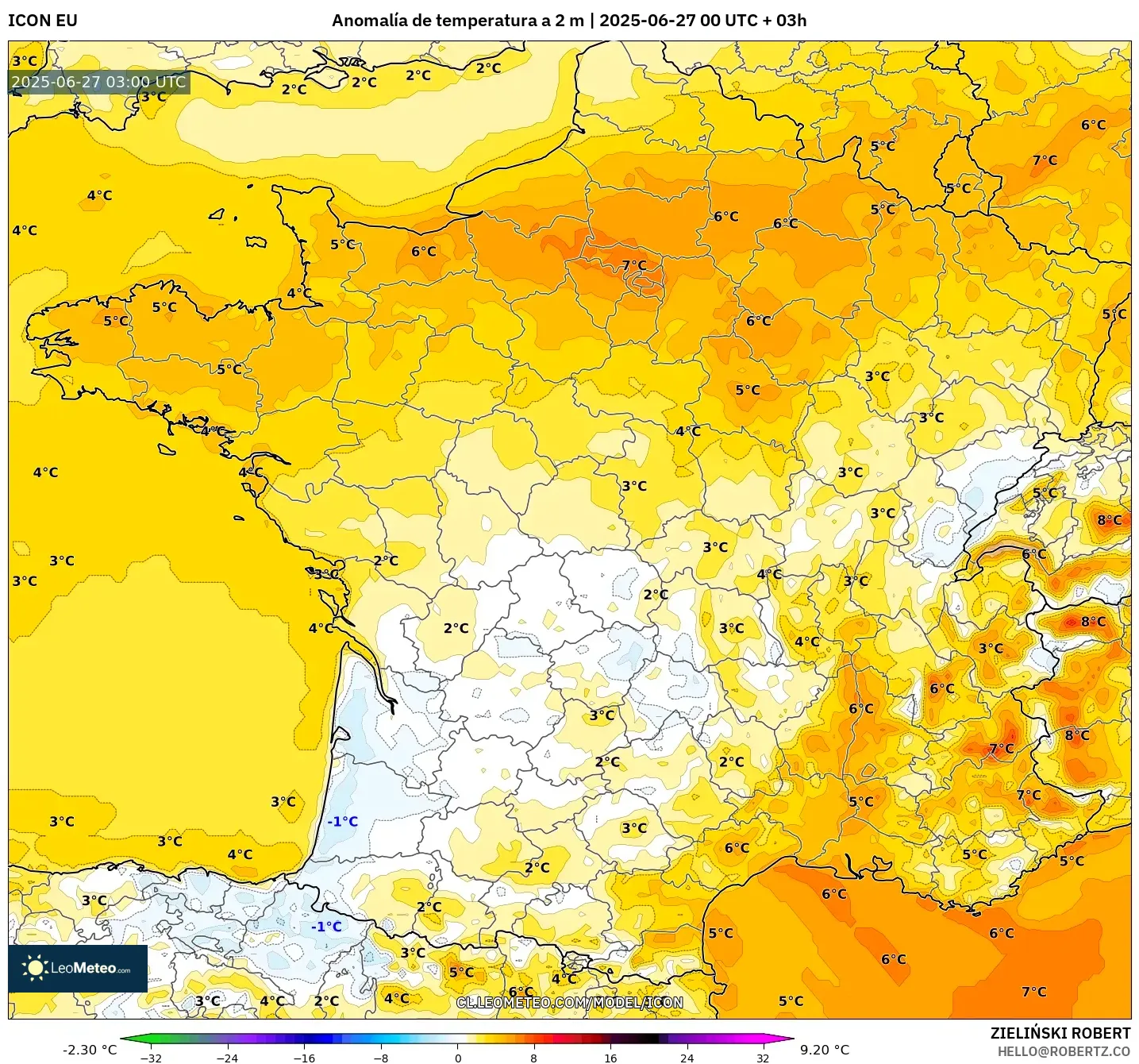 ICON model - Francia, Anomalía de temperatura a 2 m ICON model - Francia, Anomalía de temperatura a 2 m