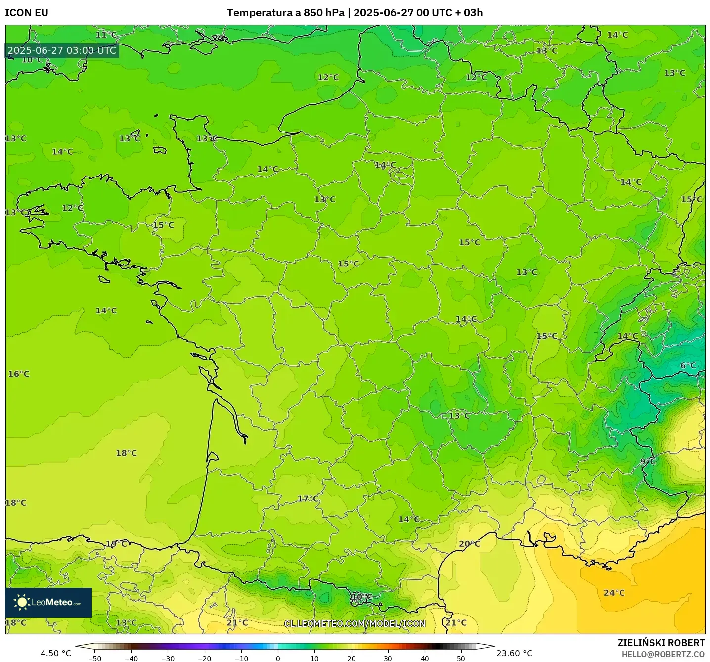 ICON model - Francia, Temperatura a 850 hPa ICON model - Francia, Temperatura a 850 hPa
