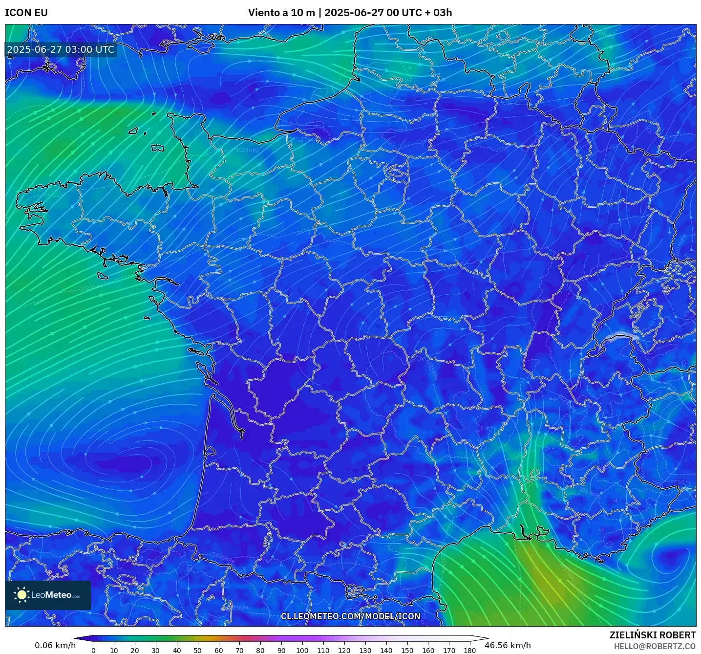ICON model - Francia, Viento a 10 m ICON model - Francia, Viento a 10 m