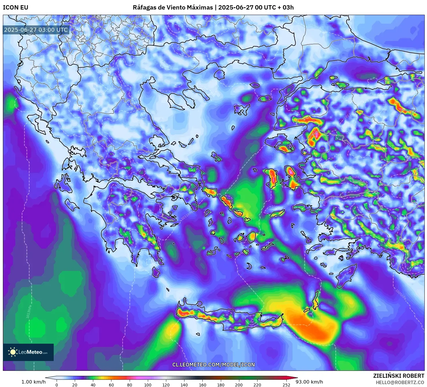 ICON model - Grecia, Ráfagas de Viento Máximas ICON model - Grecia, Ráfagas de Viento Máximas