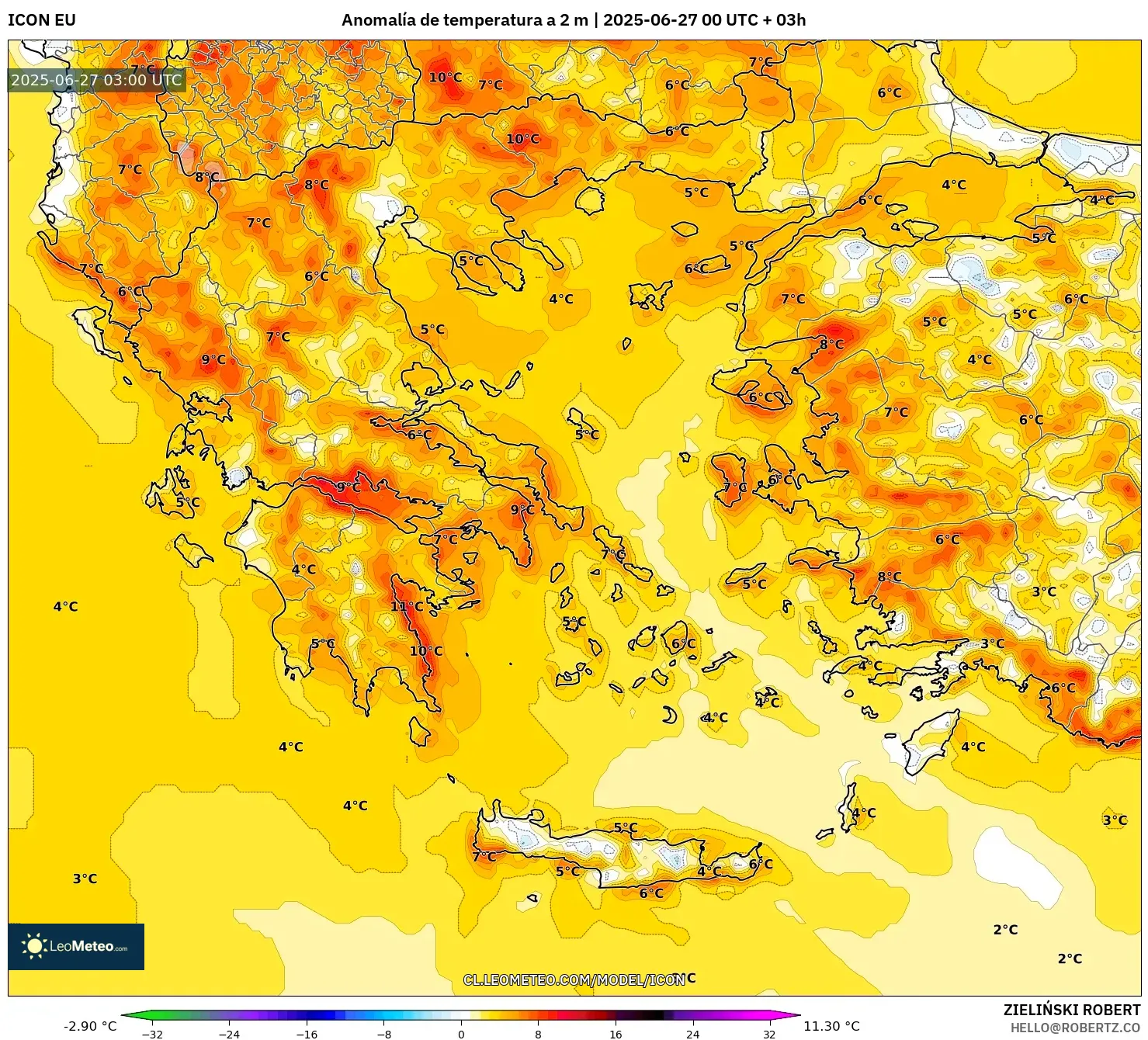 ICON model - Grecia, Anomalía de temperatura a 2 m ICON model - Grecia, Anomalía de temperatura a 2 m