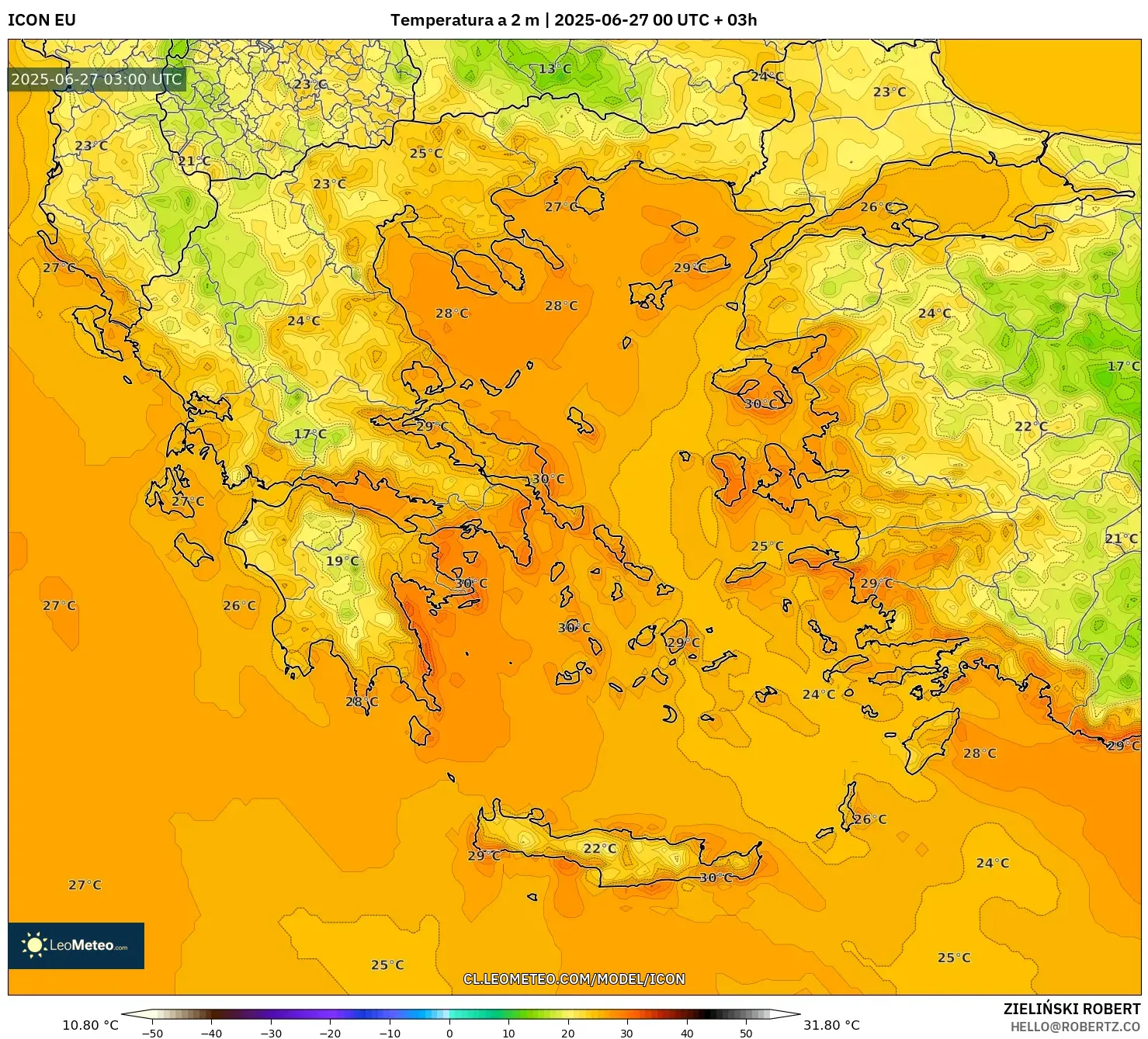 ICON model - Grecia, Temperatura a 2 m ICON model - Grecia, Temperatura a 2 m