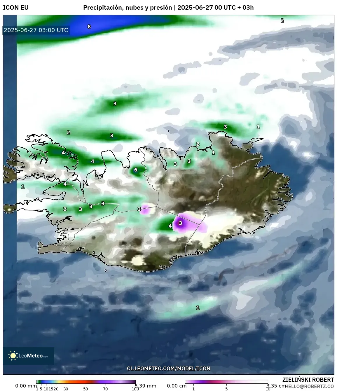 ICON model - Islandia, Precipitación, nubes y presión ICON model - Islandia, Precipitación, nubes y presión
