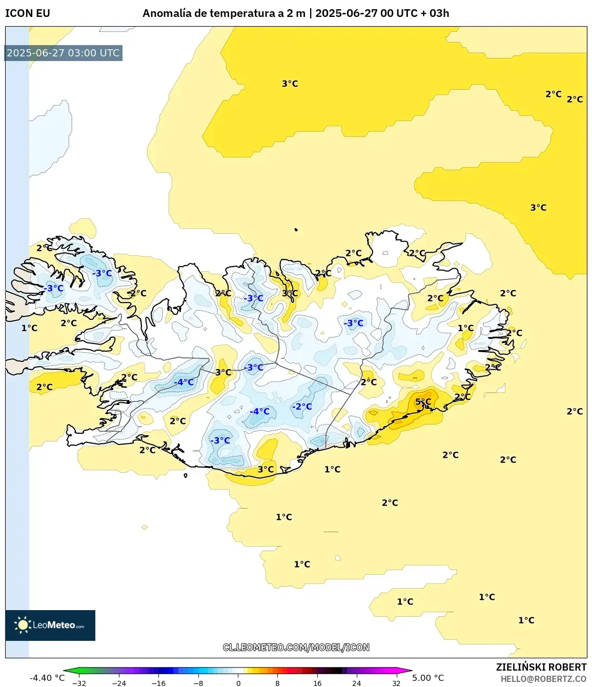 ICON model - Islandia, Anomalía de temperatura a 2 m ICON model - Islandia, Anomalía de temperatura a 2 m