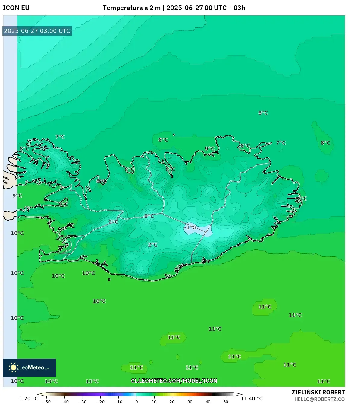 ICON model - Islandia, Temperatura a 2 m ICON model - Islandia, Temperatura a 2 m