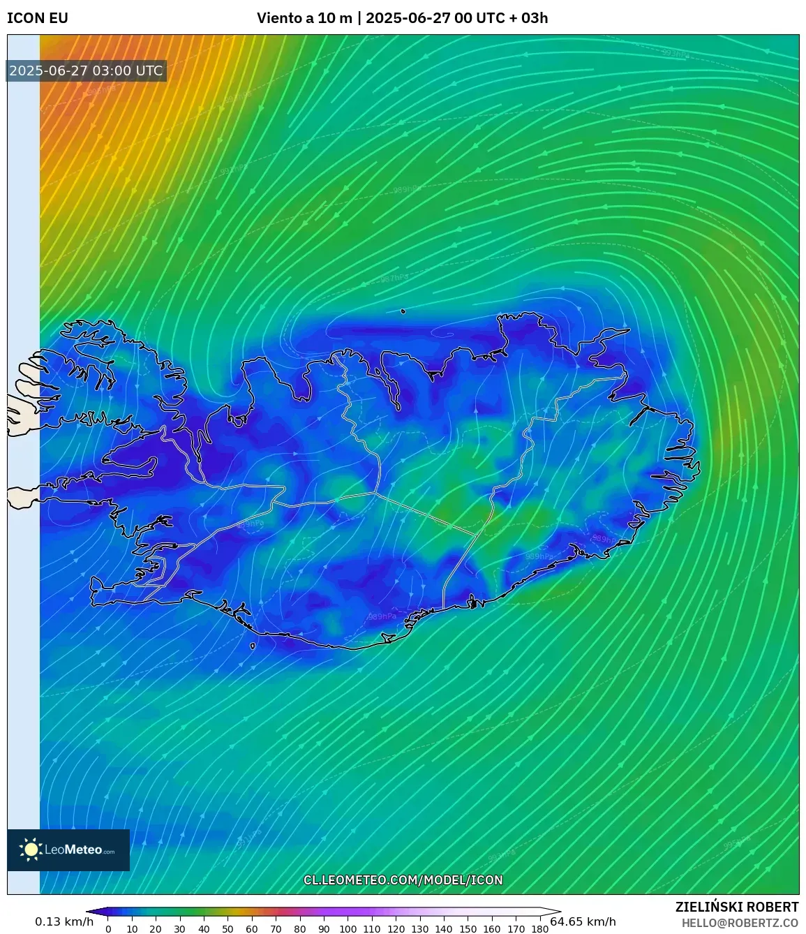 ICON model - Islandia, Viento a 10 m ICON model - Islandia, Viento a 10 m