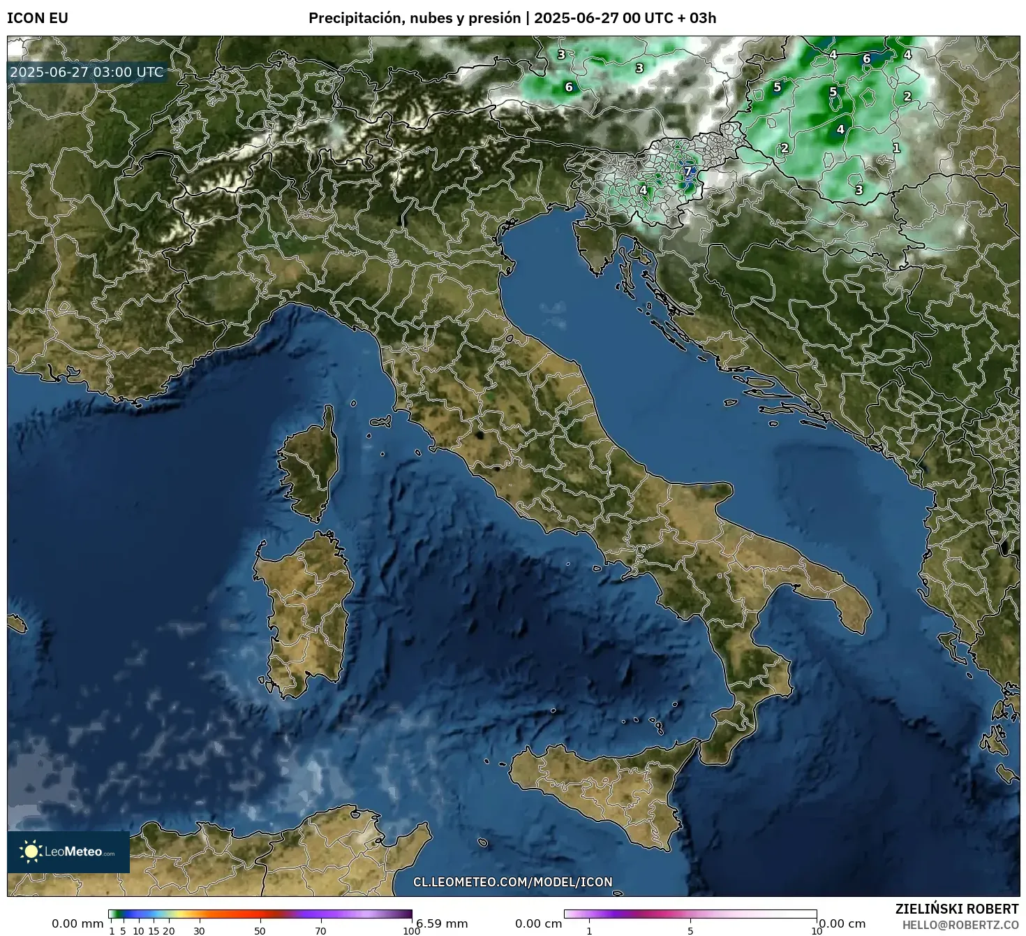ICON model - Italia, Precipitación, nubes y presión ICON model - Italia, Precipitación, nubes y presión