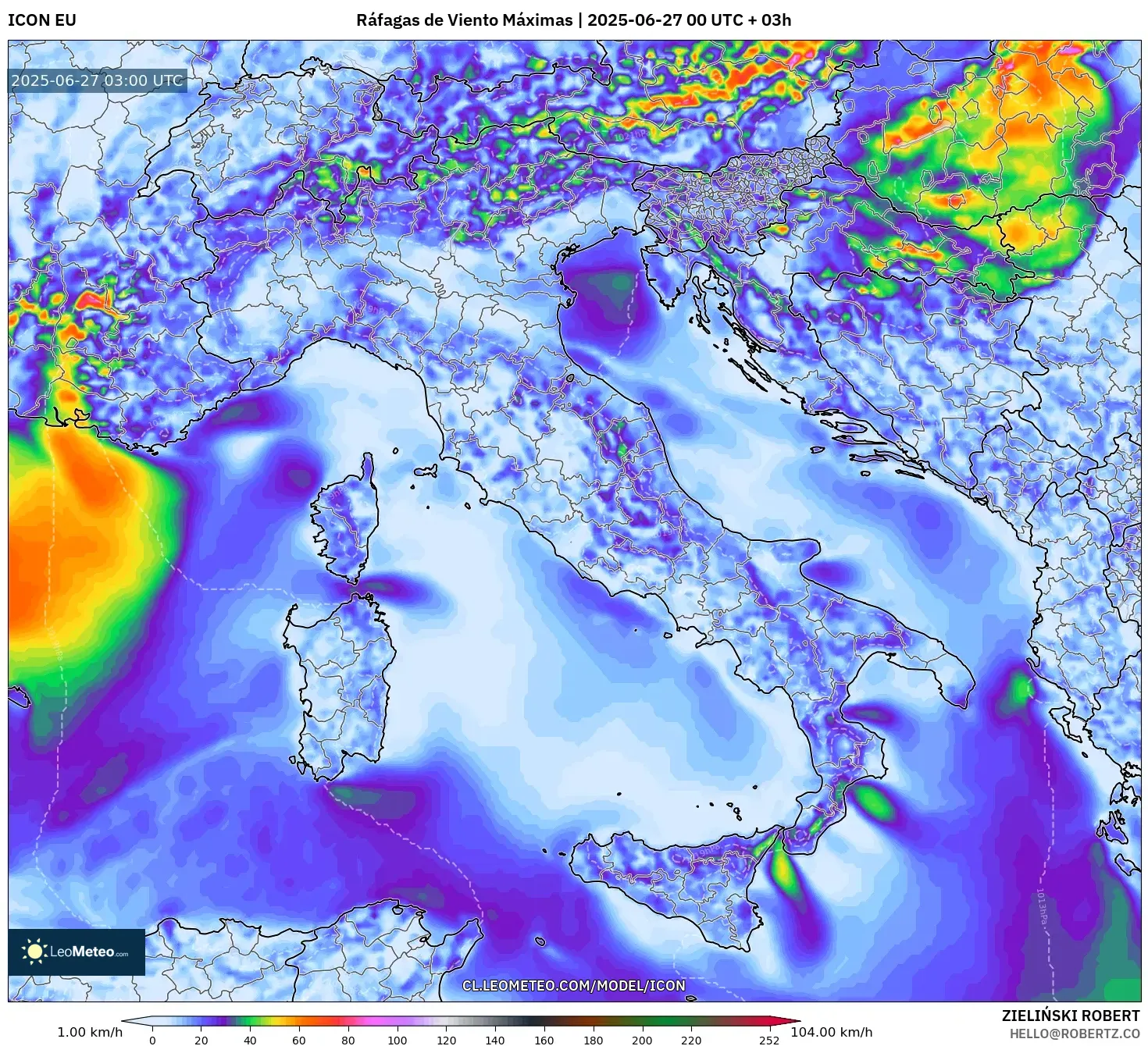 ICON model - Italia, Ráfagas de Viento Máximas ICON model - Italia, Ráfagas de Viento Máximas