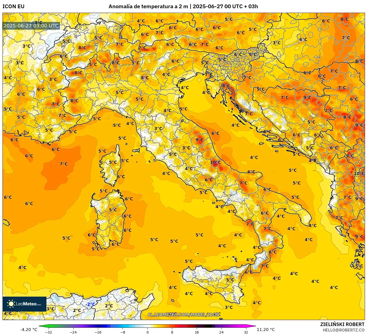 ICON model - Italia, Anomalía de temperatura a 2 m ICON model - Italia, Anomalía de temperatura a 2 m