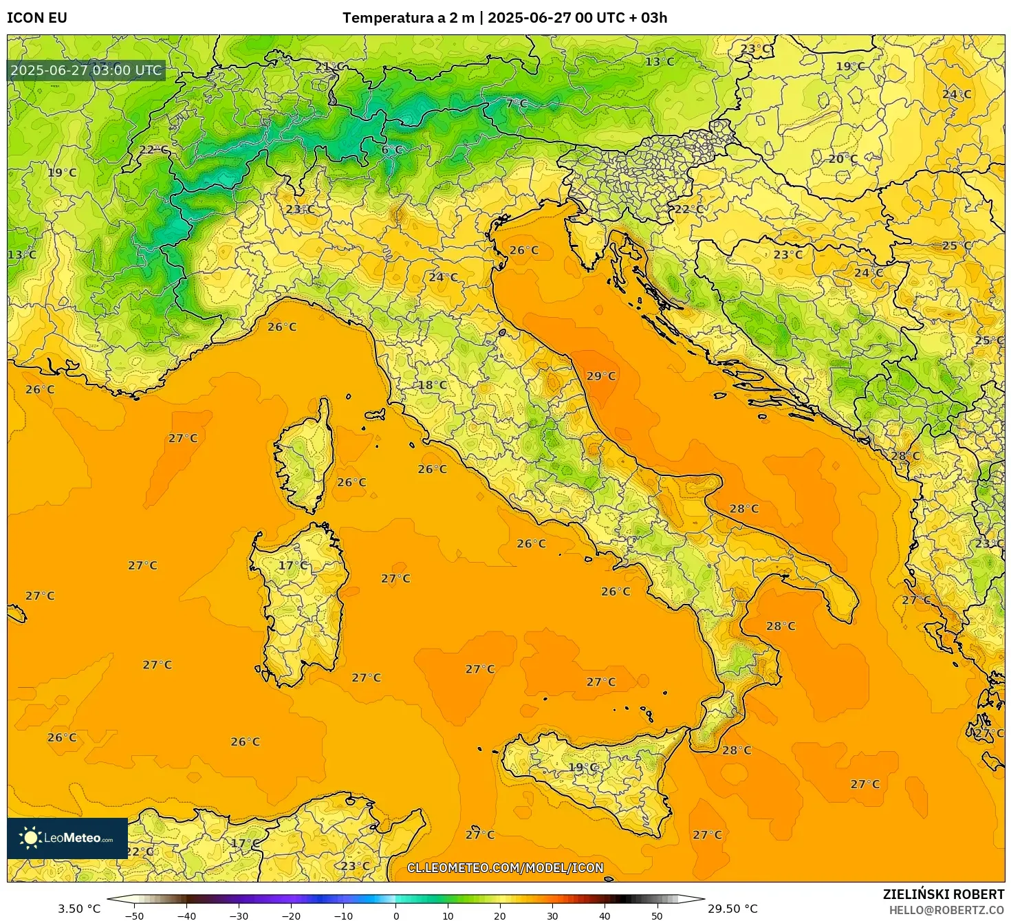 ICON model - Italia, Temperatura a 2 m ICON model - Italia, Temperatura a 2 m