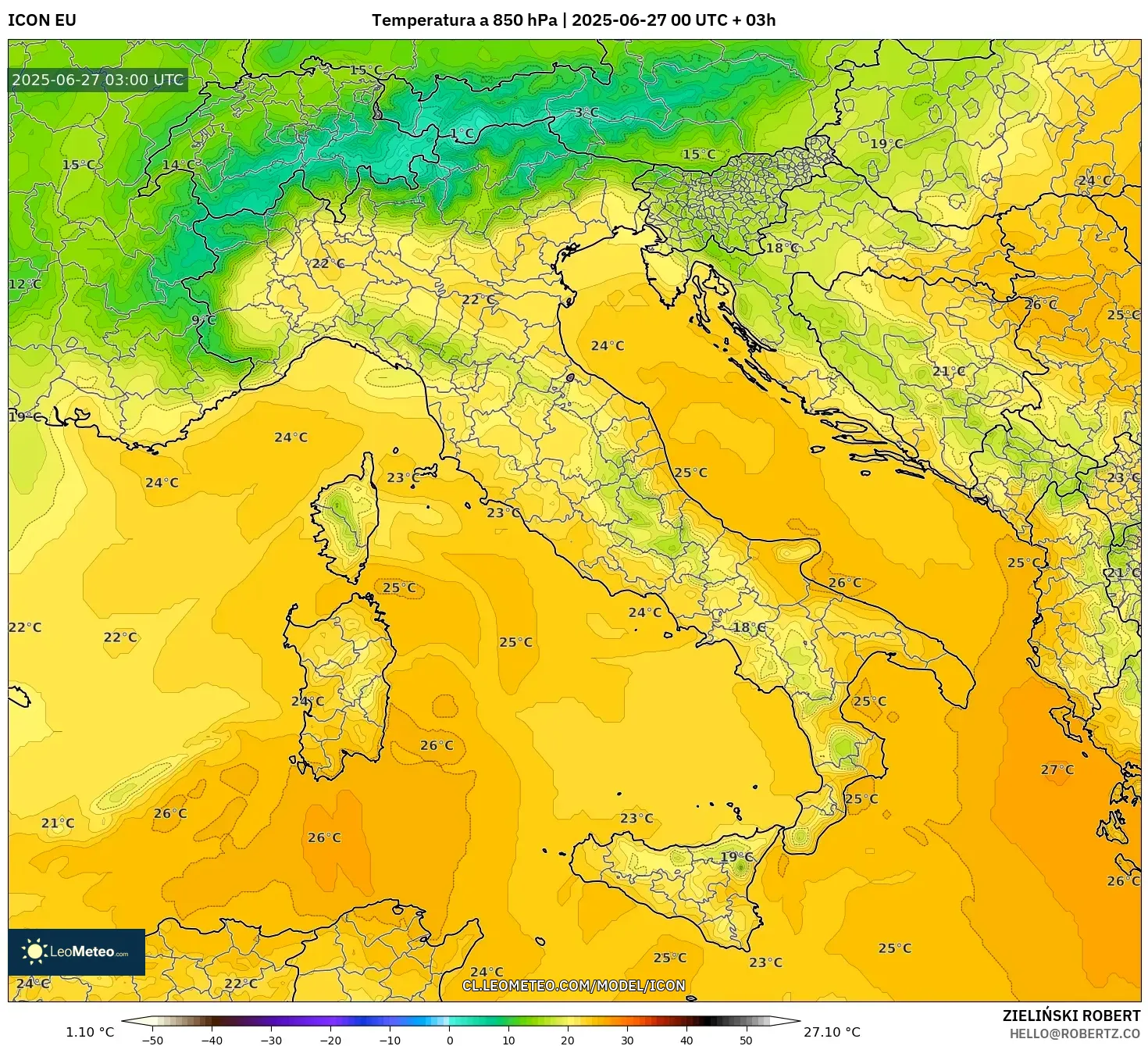 ICON model - Italia, Temperatura a 850 hPa ICON model - Italia, Temperatura a 850 hPa