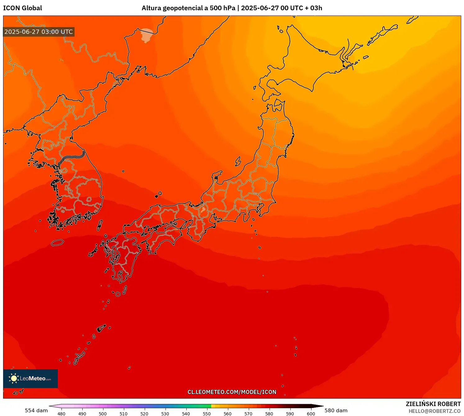 ICON model - Japón, Altura geopotencial a 500 hPa ICON model - Japón, Altura geopotencial a 500 hPa