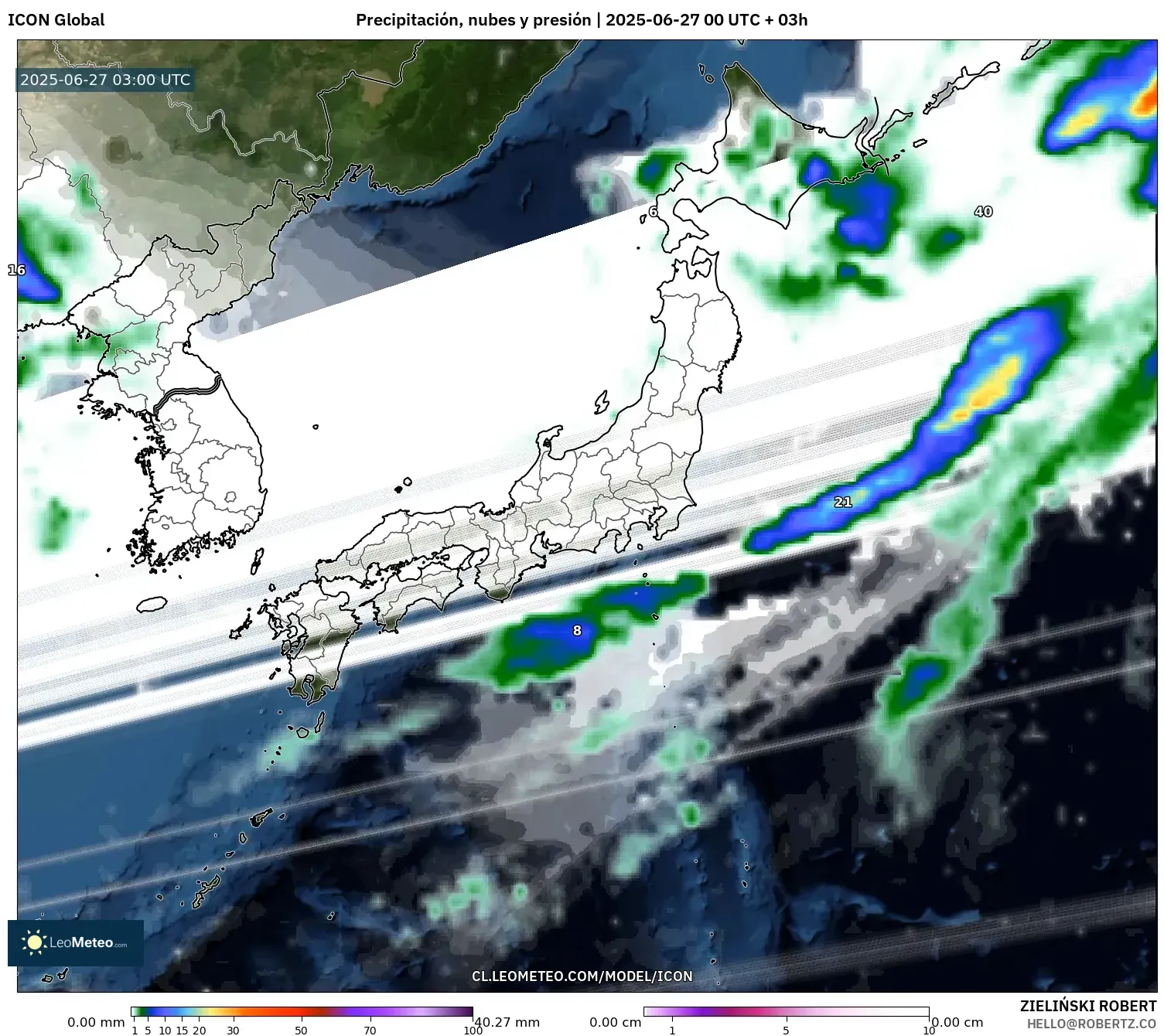 ICON model - Japón, Precipitación, nubes y presión ICON model - Japón, Precipitación, nubes y presión