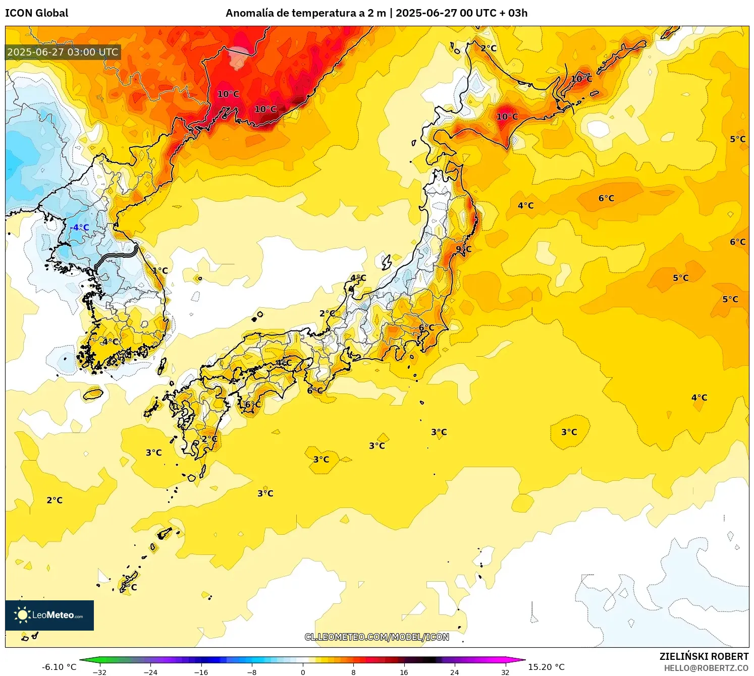 ICON model - Japón, Anomalía de temperatura a 2 m ICON model - Japón, Anomalía de temperatura a 2 m