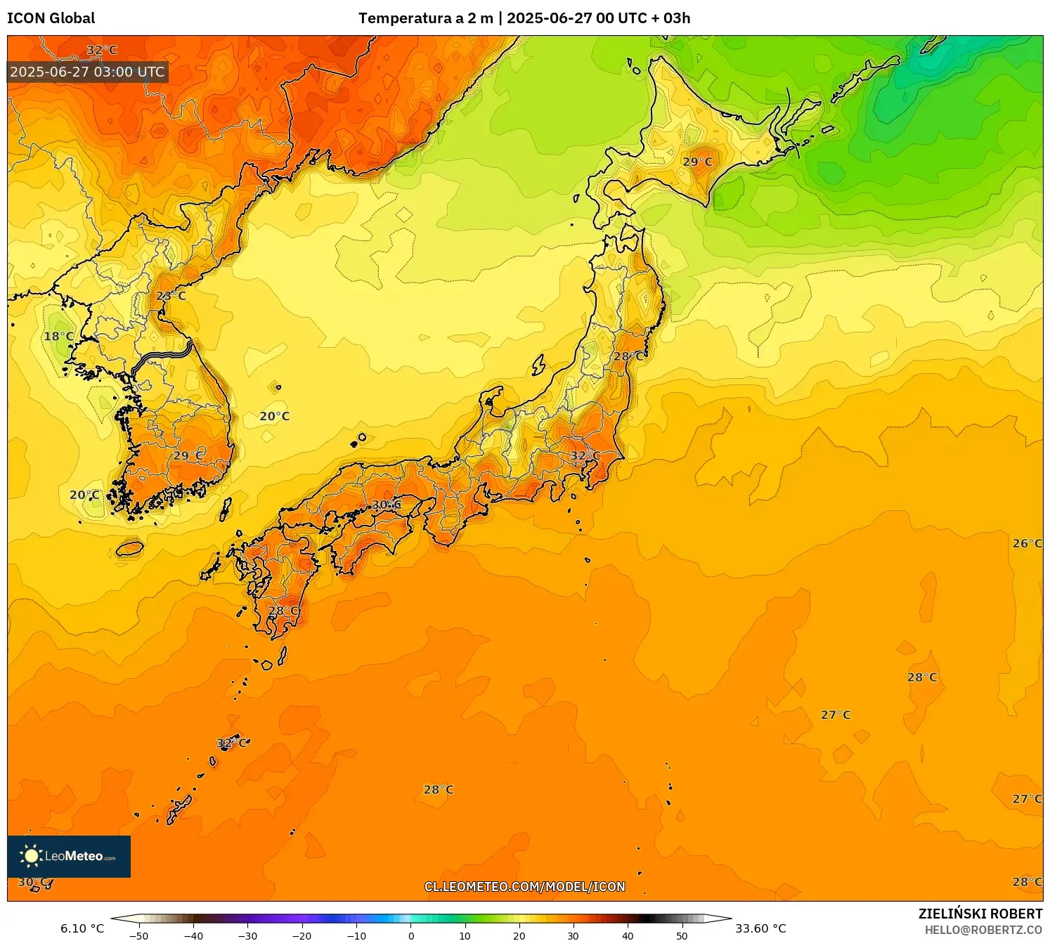 ICON model - Japón, Temperatura a 2 m ICON model - Japón, Temperatura a 2 m