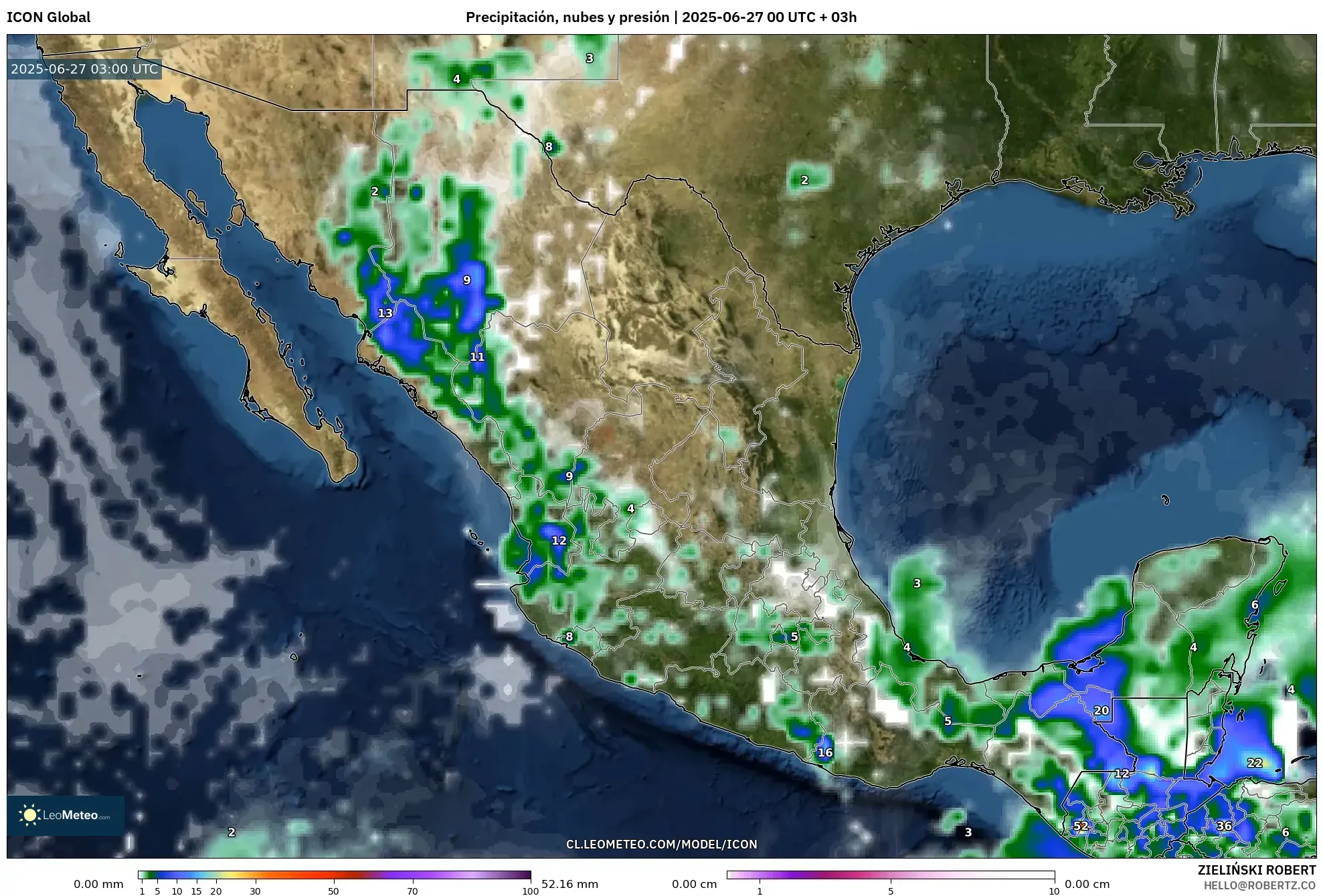 ICON model - México, Precipitación, nubes y presión ICON model - México, Precipitación, nubes y presión
