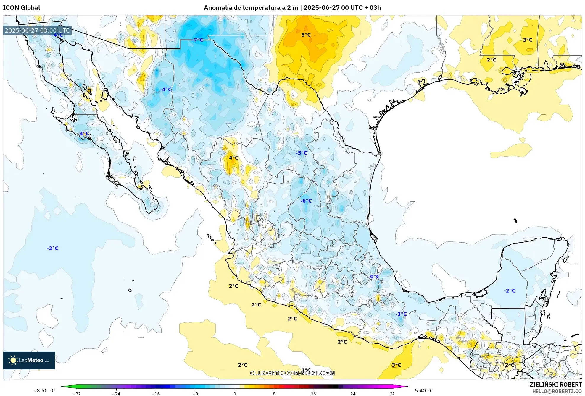 ICON model - México, Anomalía de temperatura a 2 m ICON model - México, Anomalía de temperatura a 2 m