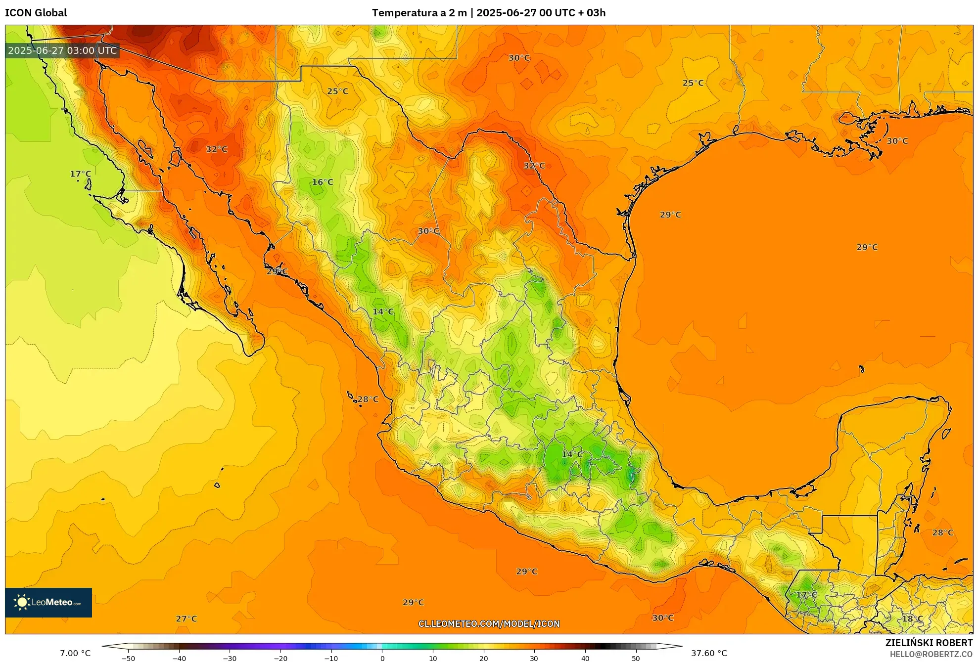 ICON model - México, Temperatura a 2 m ICON model - México, Temperatura a 2 m