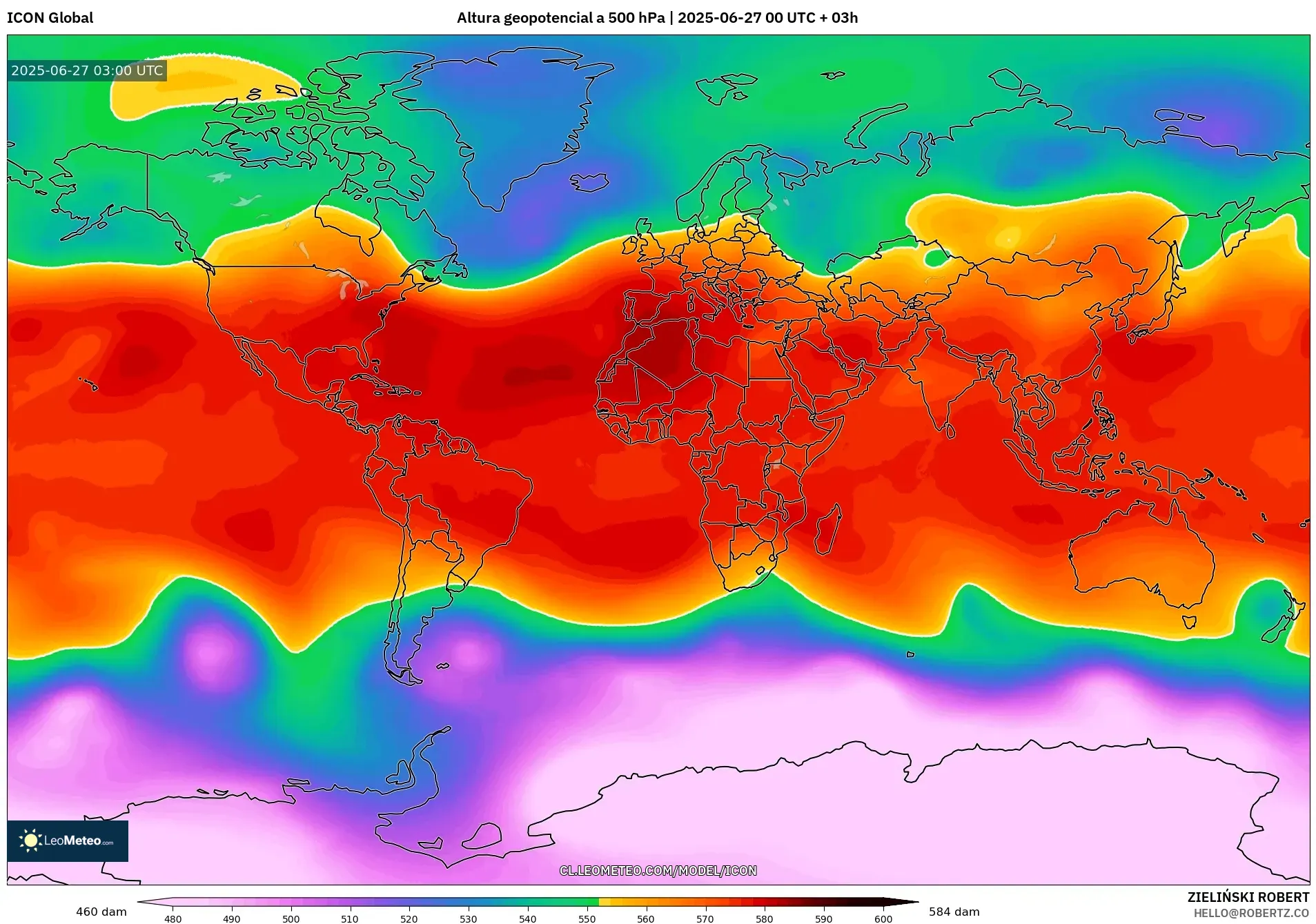 ICON model - Mundo, Altura geopotencial a 500 hPa ICON model - Mundo, Altura geopotencial a 500 hPa