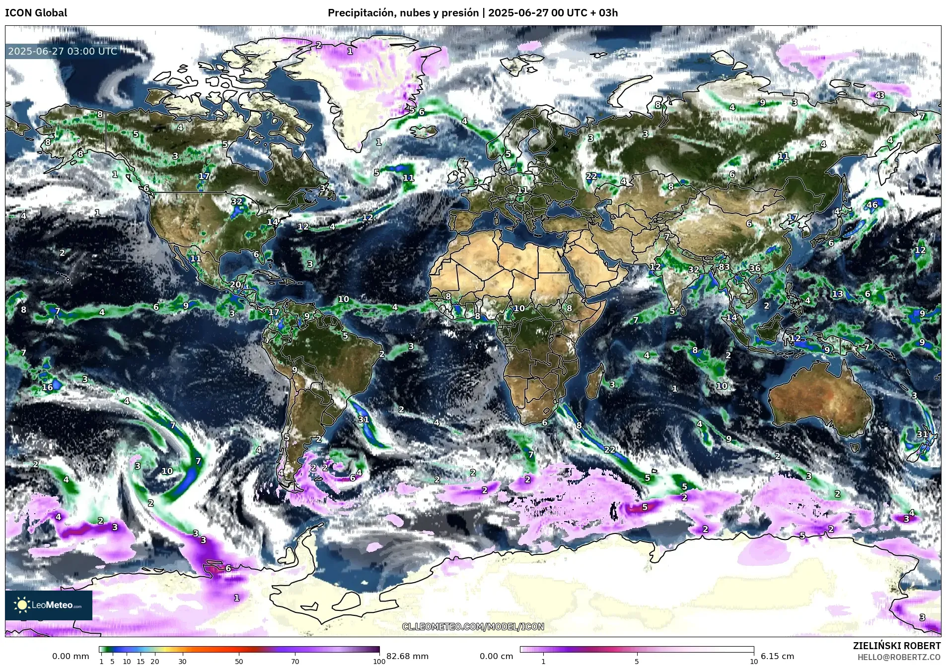 ICON model - Mundo, Precipitación, nubes y presión ICON model - Mundo, Precipitación, nubes y presión