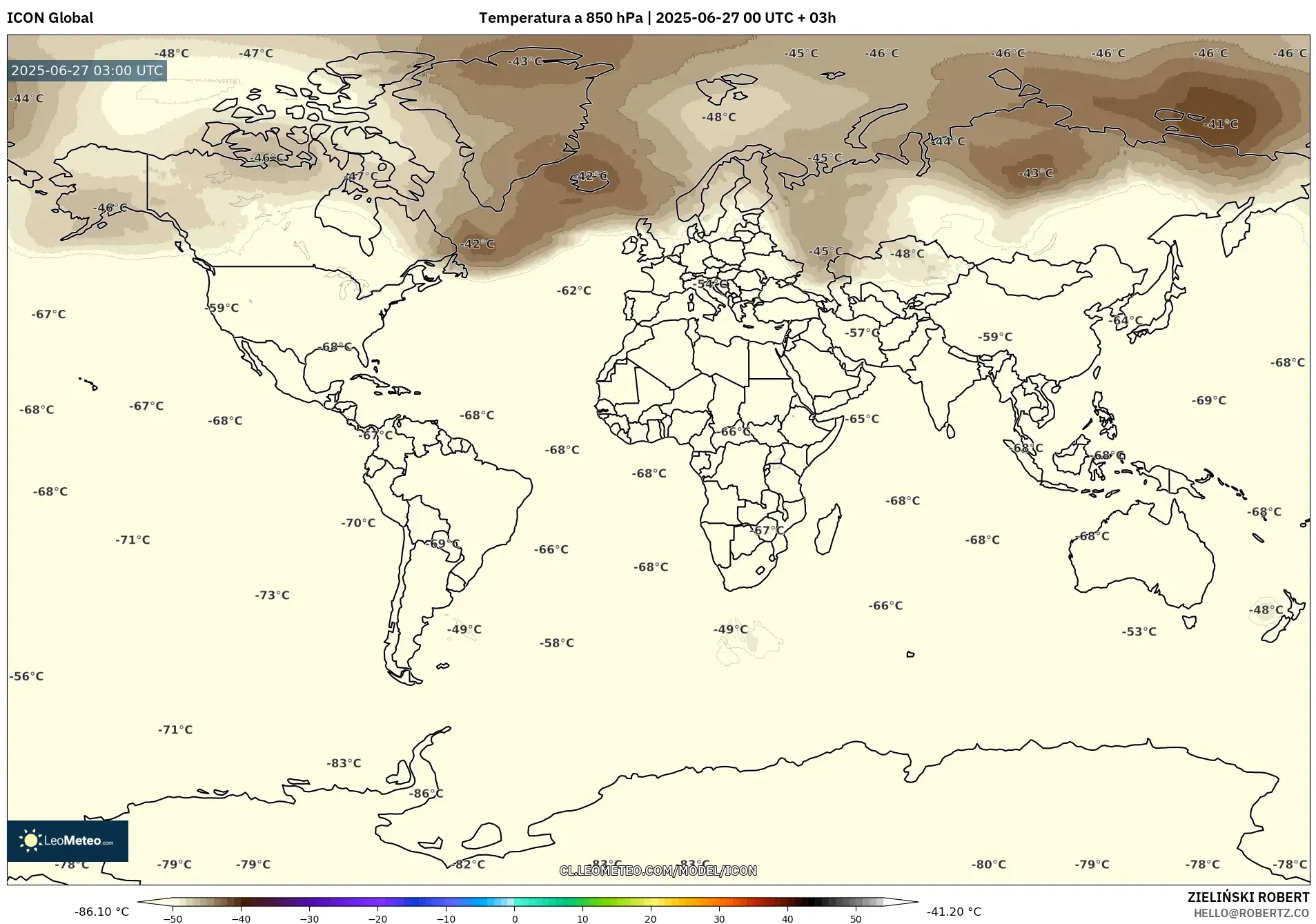 ICON model - Mundo, Temperatura a 850 hPa ICON model - Mundo, Temperatura a 850 hPa