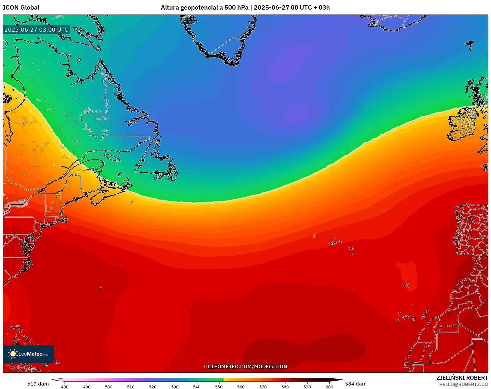 ICON model - Norte Atlántico, Altura geopotencial a 500 hPa ICON model - Norte Atlántico, Altura geopotencial a 500 hPa