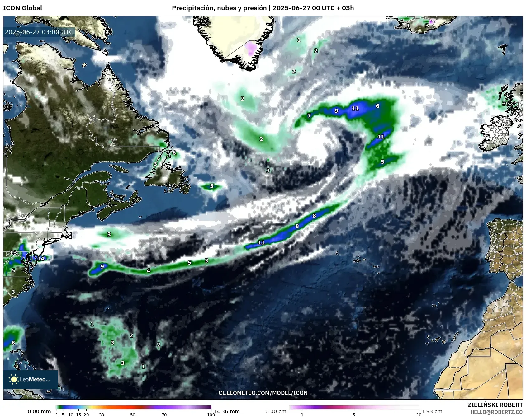 ICON model - Norte Atlántico, Precipitación, nubes y presión ICON model - Norte Atlántico, Precipitación, nubes y presión