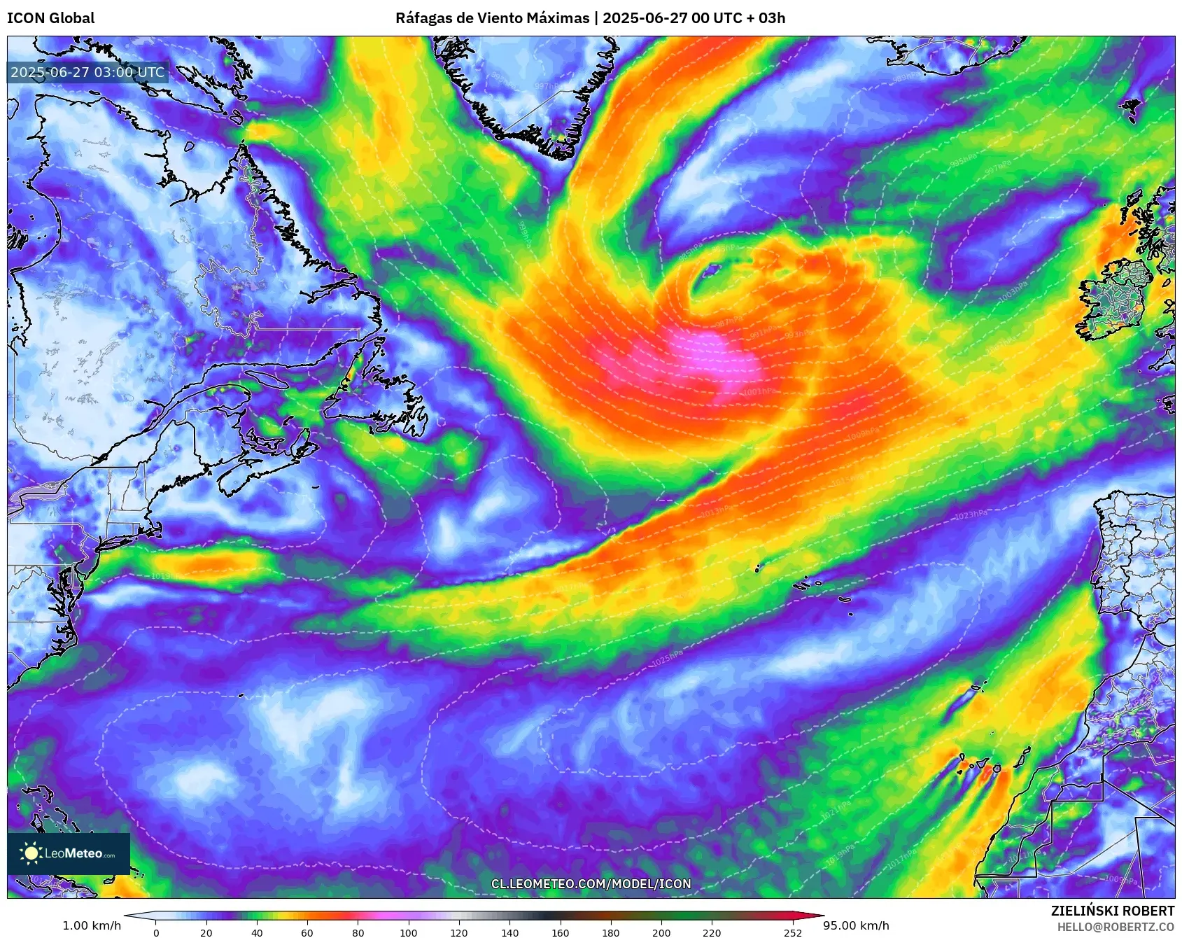 ICON model - Norte Atlántico, Ráfagas de Viento Máximas ICON model - Norte Atlántico, Ráfagas de Viento Máximas