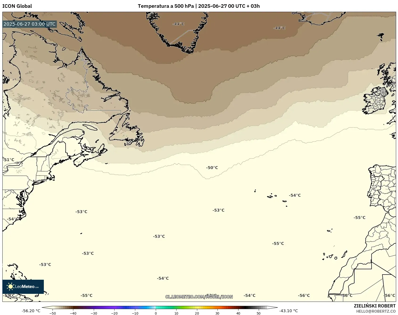 ICON model - Norte Atlántico, Temperatura a 500 hPa ICON model - Norte Atlántico, Temperatura a 500 hPa