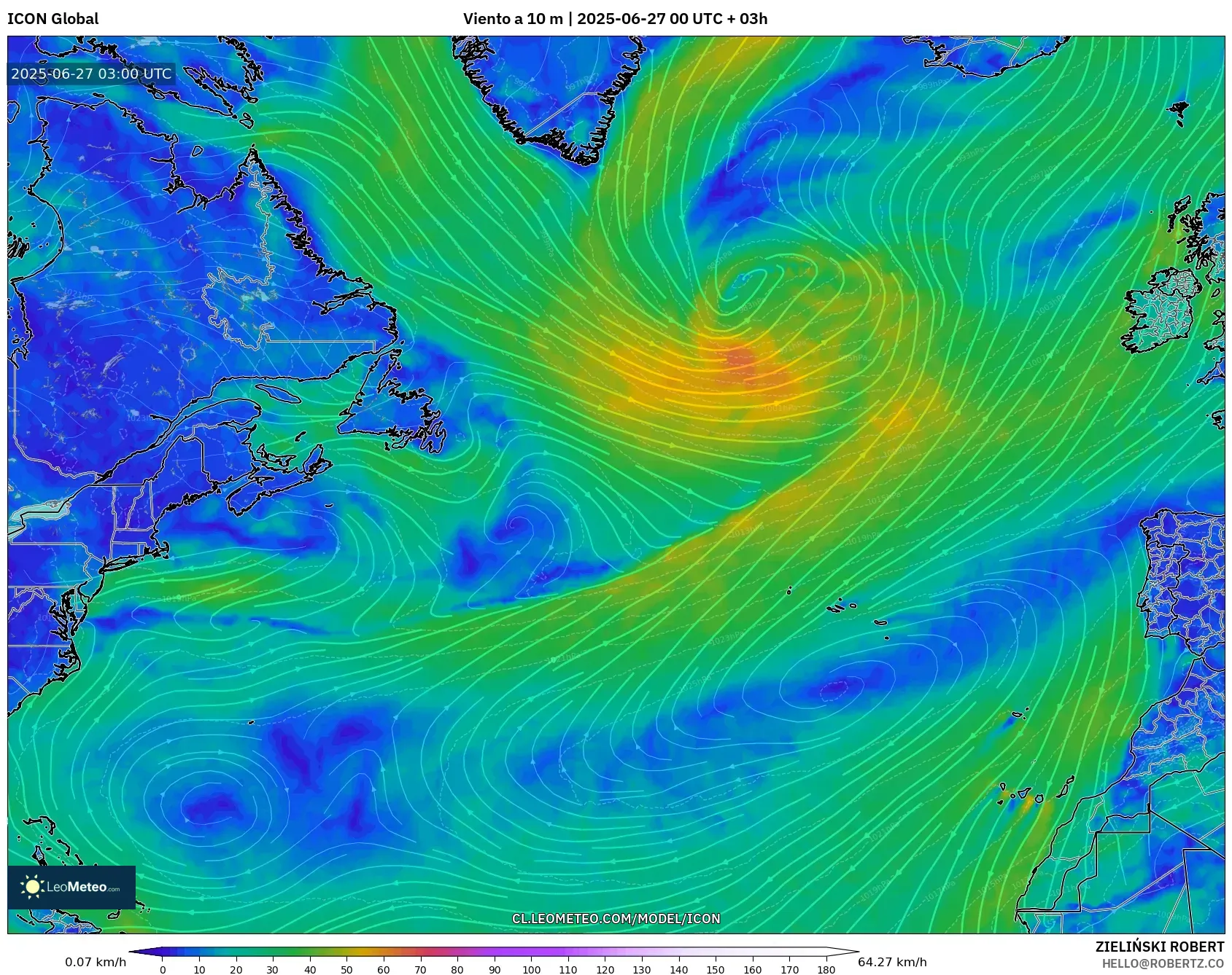 ICON model - Norte Atlántico, Viento a 10 m ICON model - Norte Atlántico, Viento a 10 m