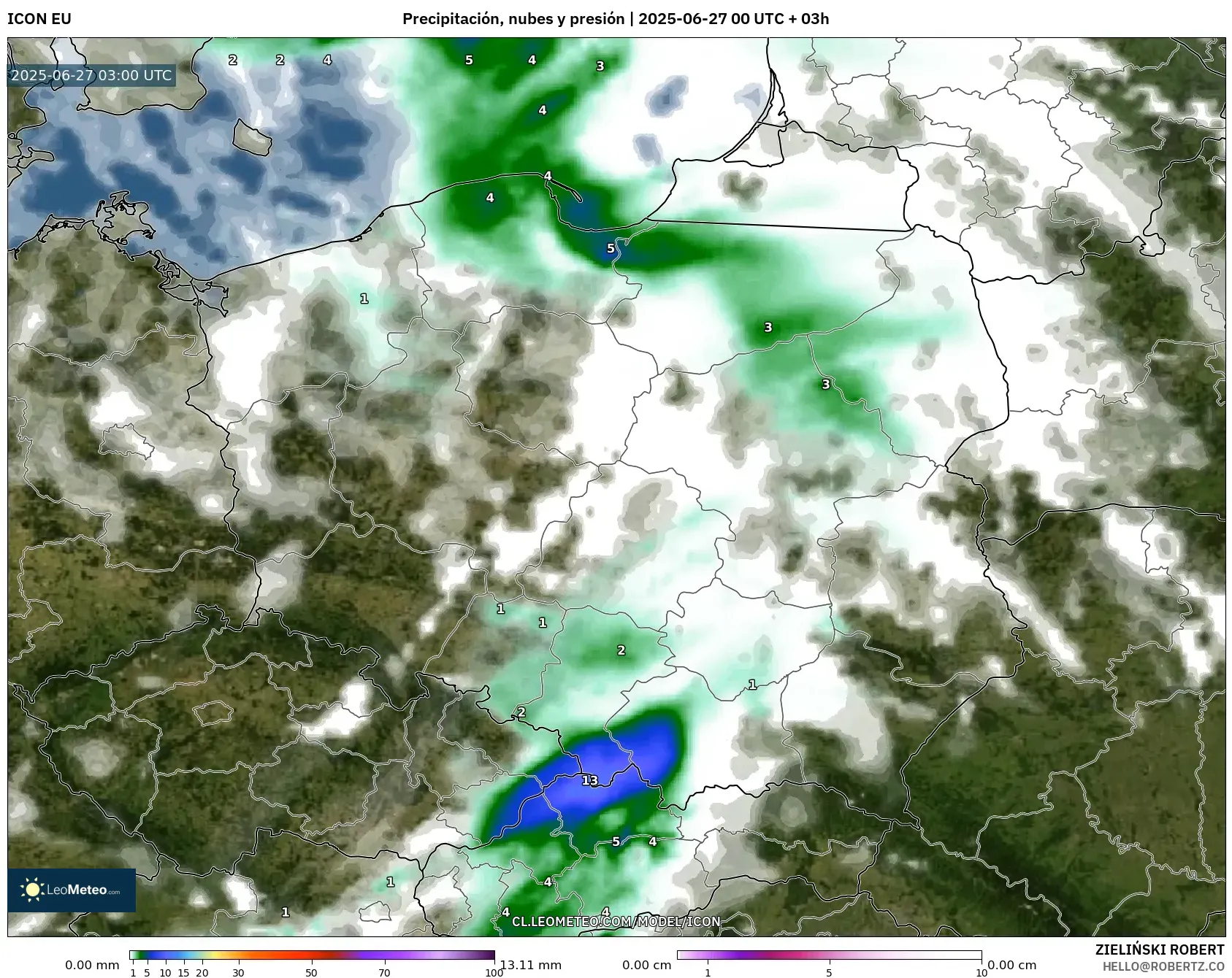 ICON model - Polonia, Precipitación, nubes y presión ICON model - Polonia, Precipitación, nubes y presión