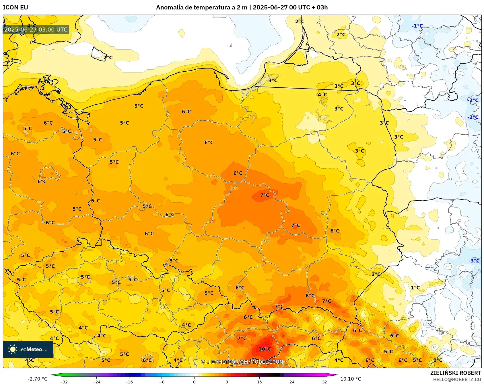ICON model - Polonia, Anomalía de temperatura a 2 m ICON model - Polonia, Anomalía de temperatura a 2 m