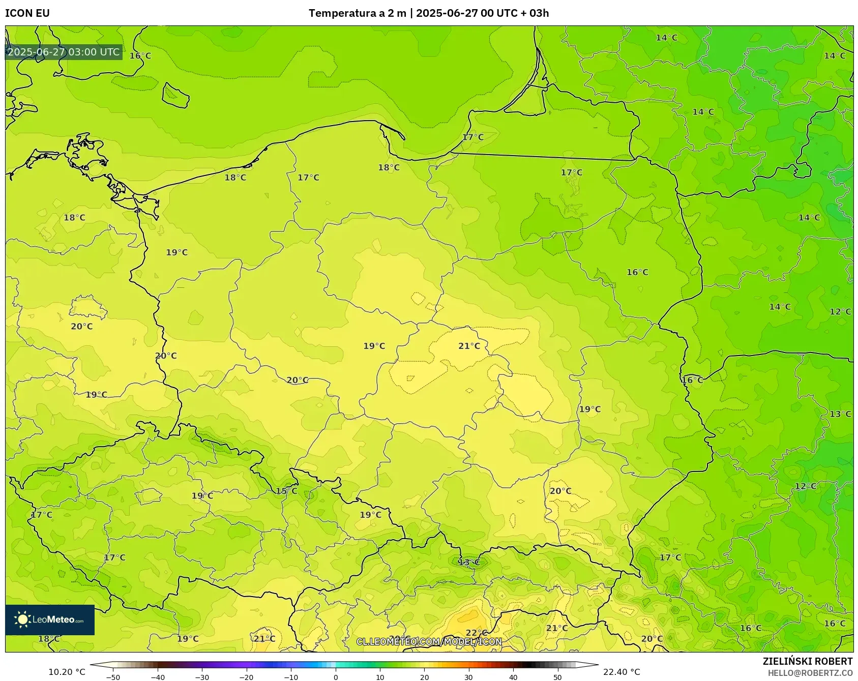 ICON model - Polonia, Temperatura a 2 m ICON model - Polonia, Temperatura a 2 m