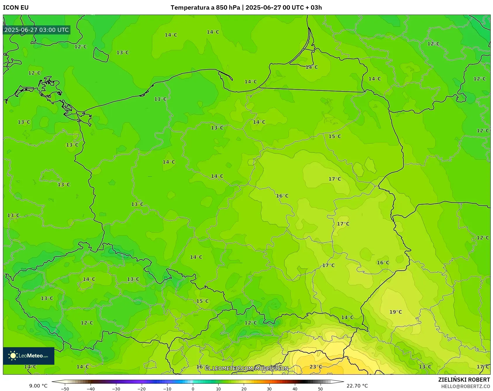 ICON model - Polonia, Temperatura a 850 hPa ICON model - Polonia, Temperatura a 850 hPa