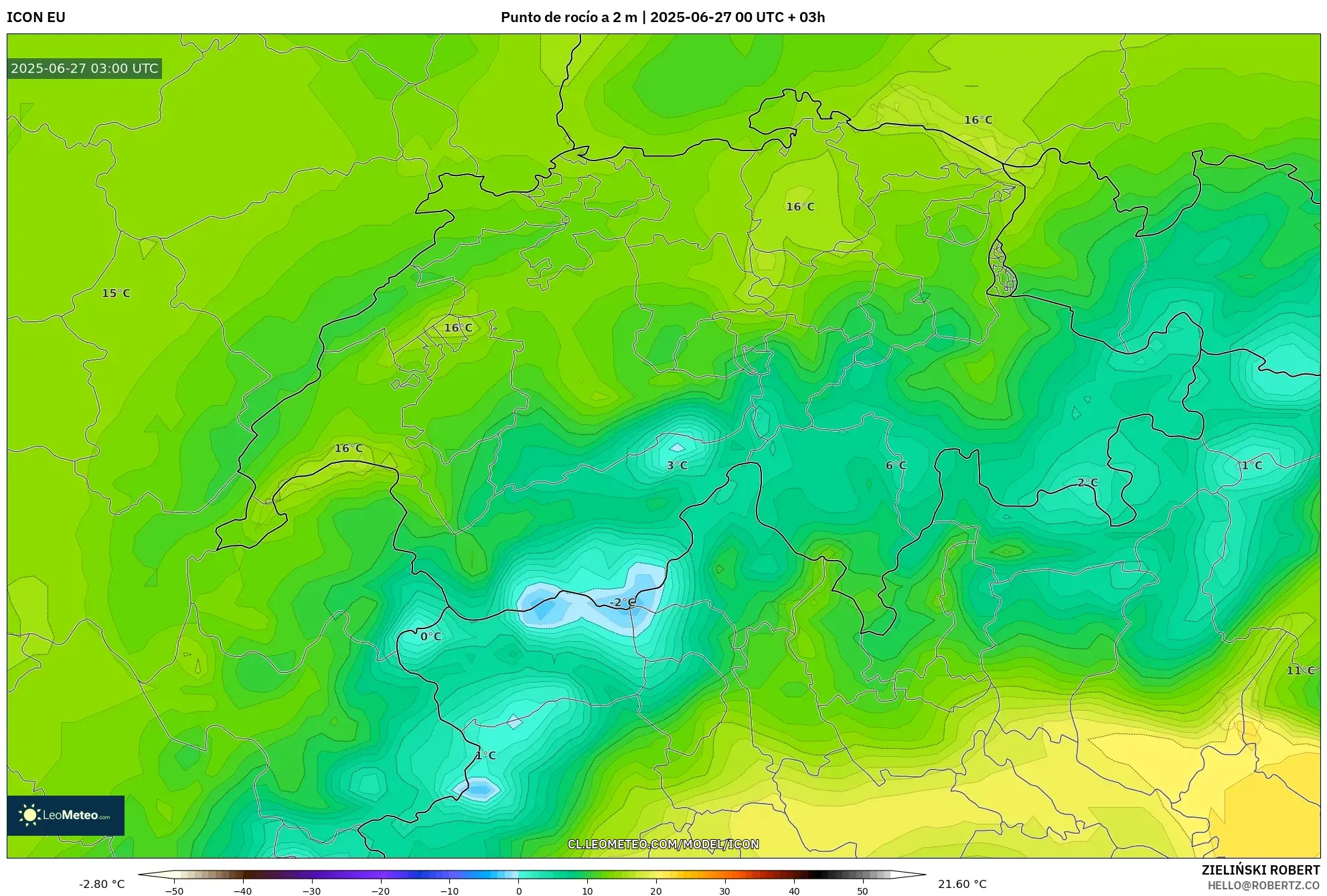 ICON model - Suiza, Punto de rocío a 2 m ICON model - Suiza, Punto de rocío a 2 m
