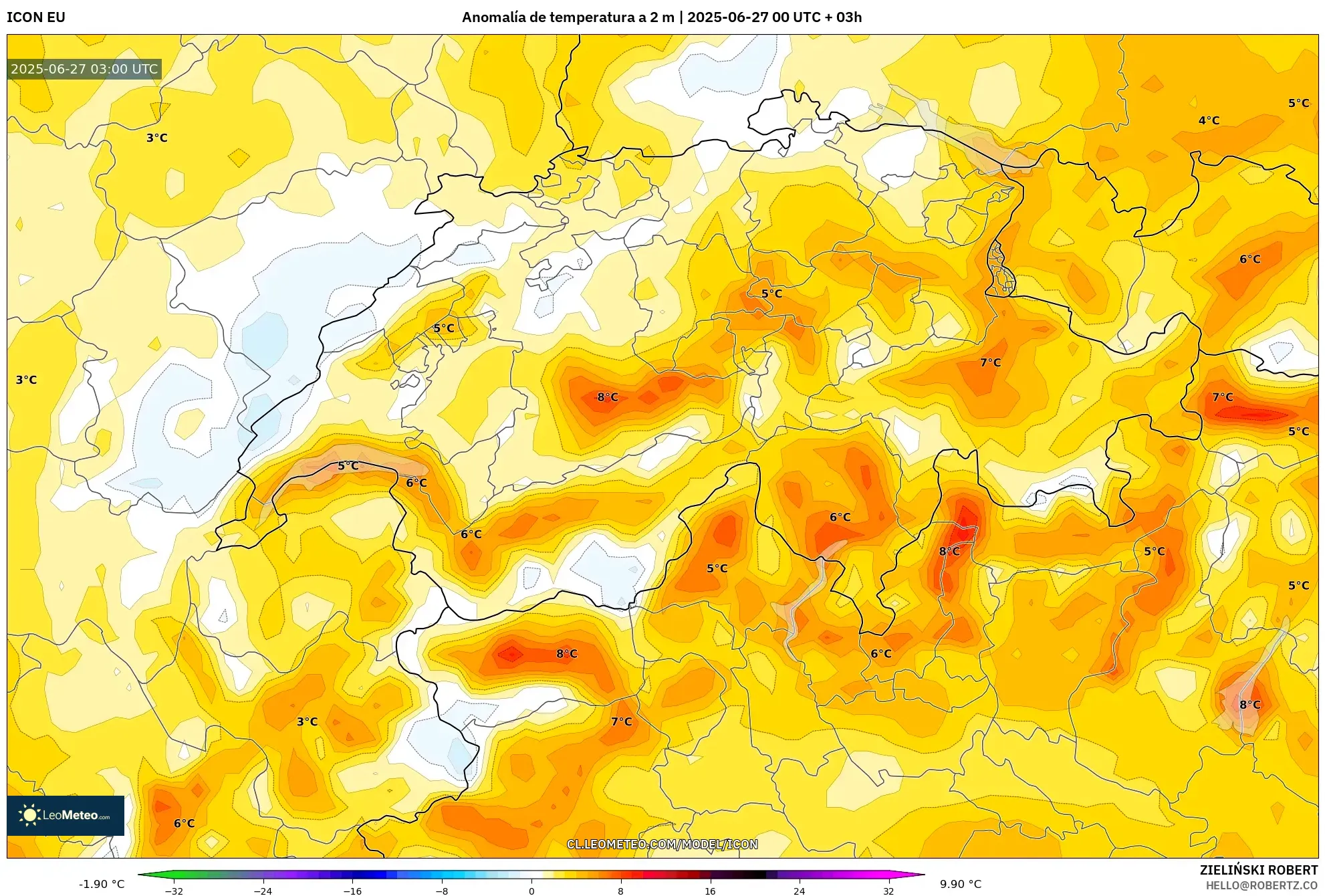 ICON model - Suiza, Anomalía de temperatura a 2 m ICON model - Suiza, Anomalía de temperatura a 2 m