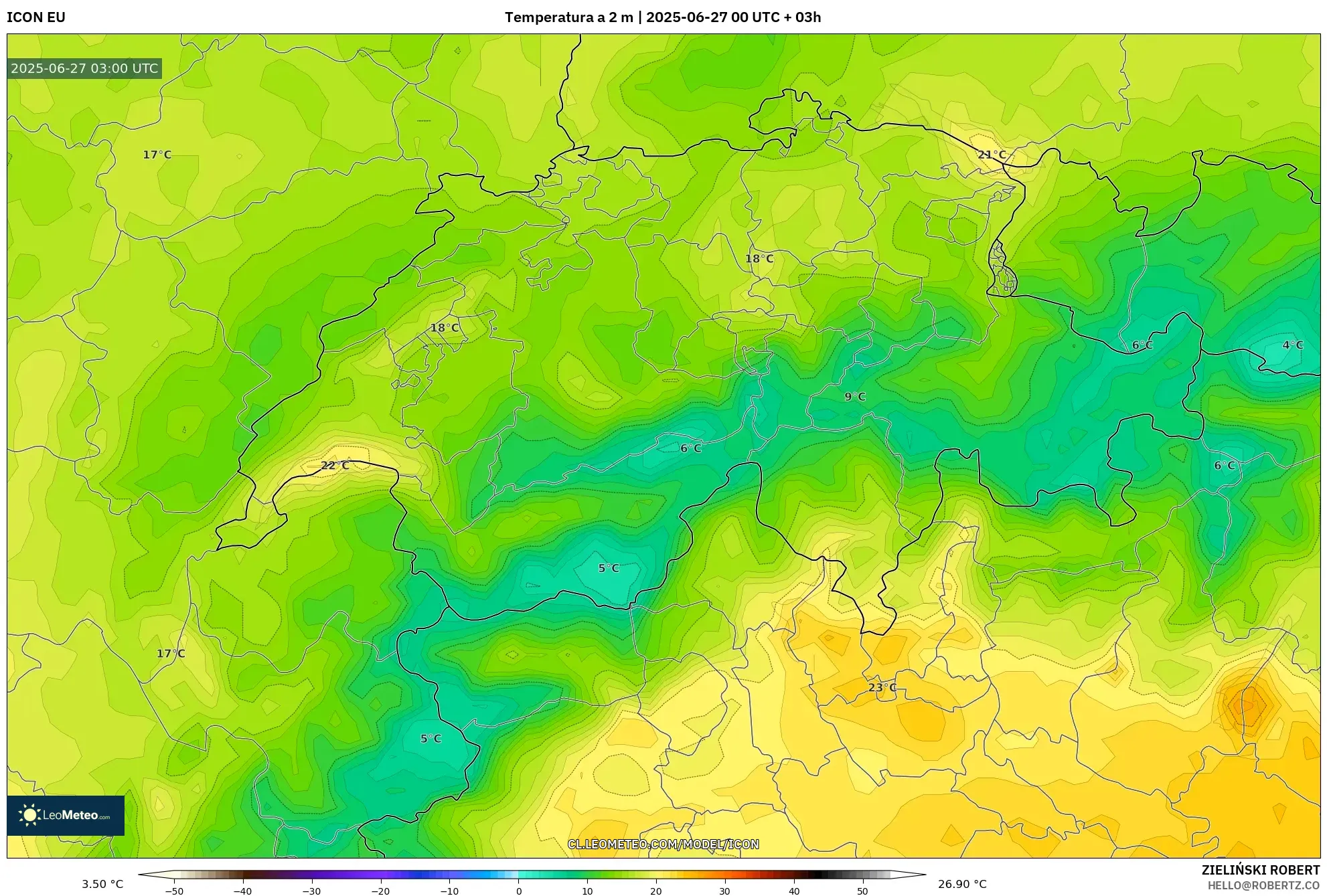 ICON model - Suiza, Temperatura a 2 m ICON model - Suiza, Temperatura a 2 m