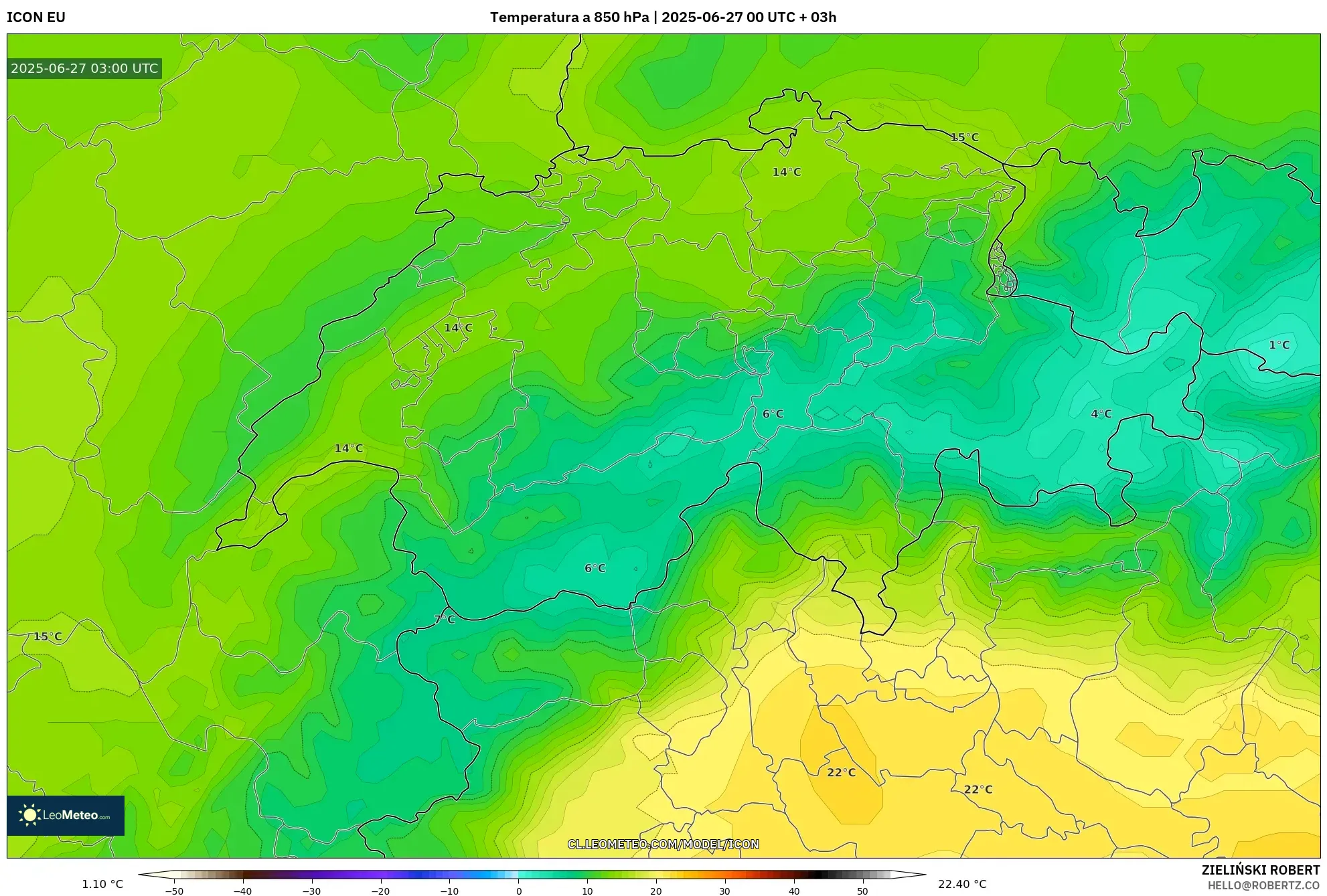 ICON model - Suiza, Temperatura a 850 hPa ICON model - Suiza, Temperatura a 850 hPa