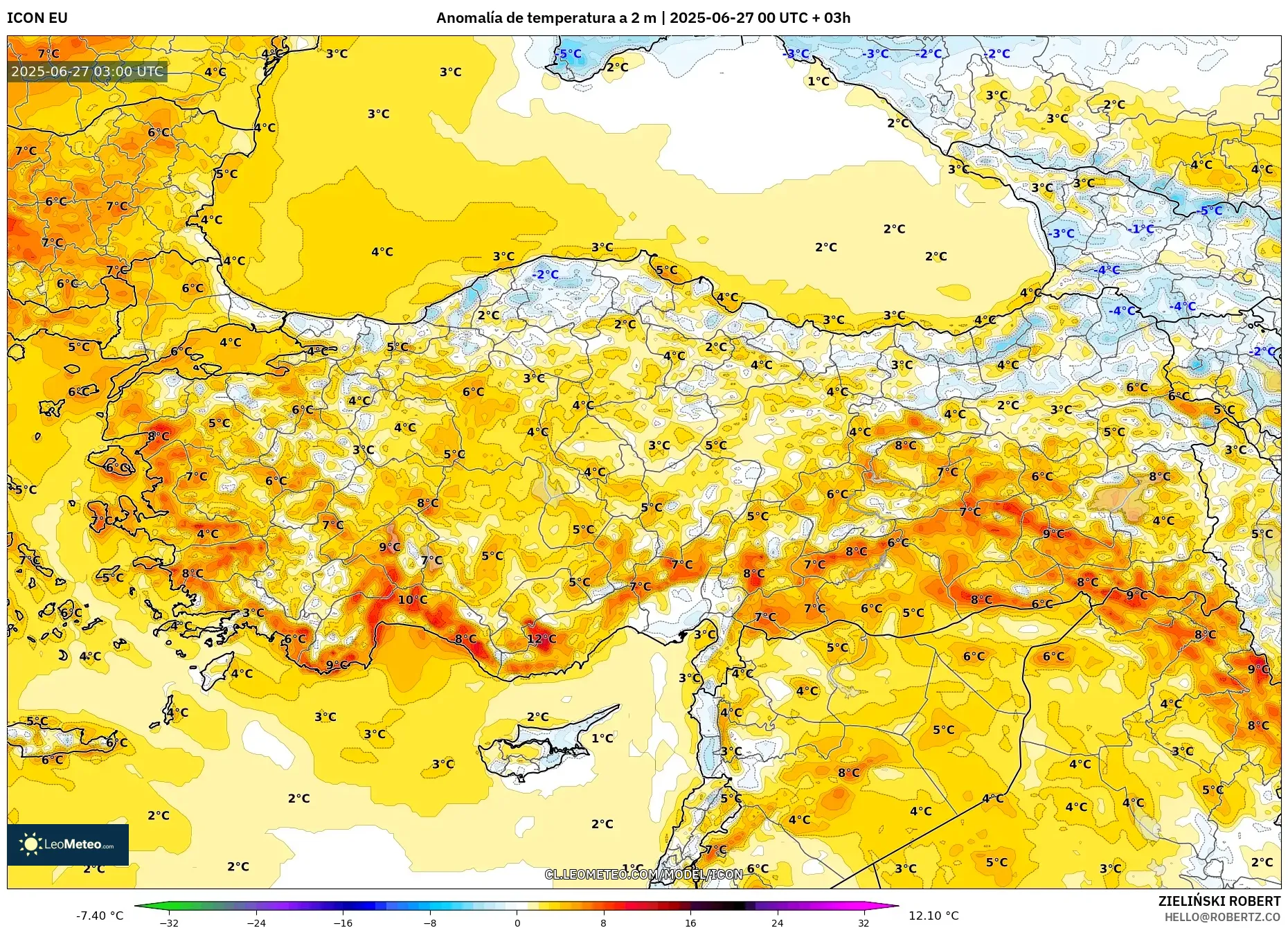 ICON model - Turquía, Anomalía de temperatura a 2 m ICON model - Turquía, Anomalía de temperatura a 2 m