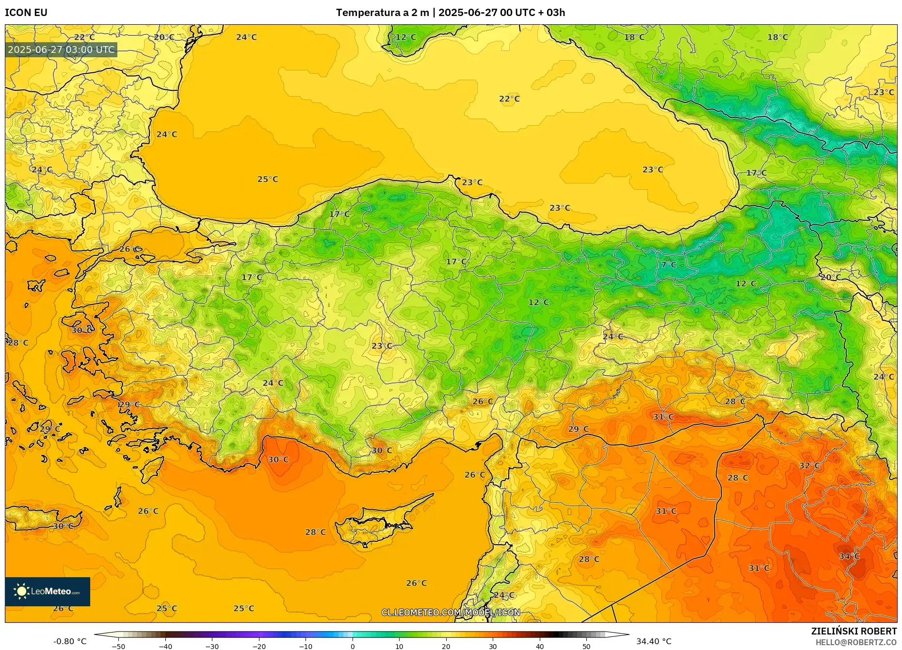 ICON model - Turquía, Temperatura a 2 m ICON model - Turquía, Temperatura a 2 m
