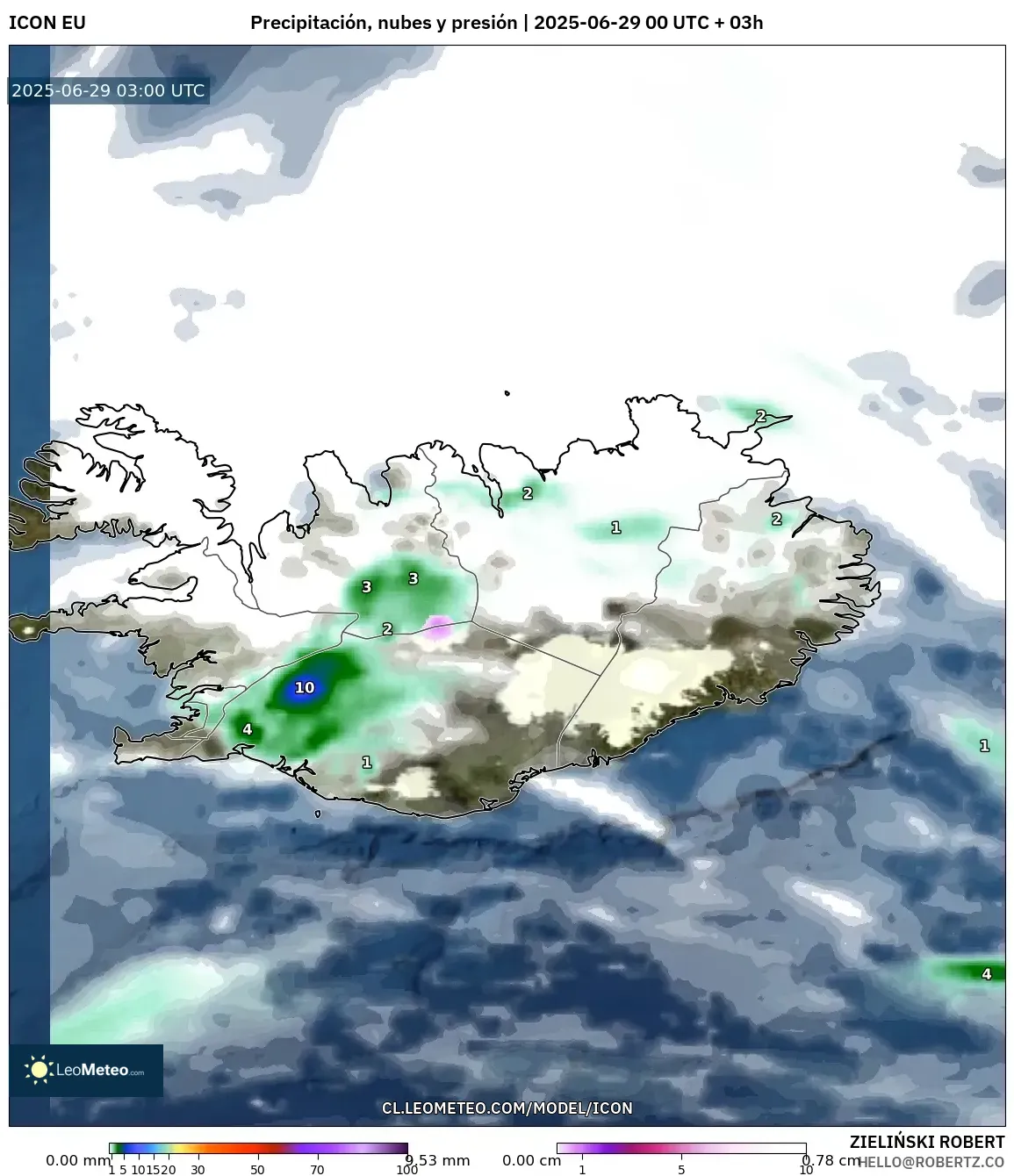 ICON model - Islandia, Precipitación, nubes y presión ICON model - Islandia, Precipitación, nubes y presión