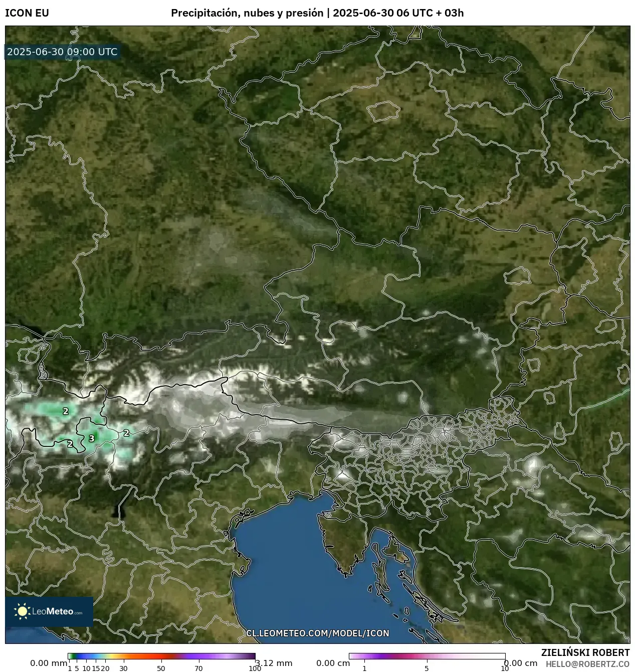 ICON model - Austria, Precipitación, nubes y presión ICON model - Austria, Precipitación, nubes y presión