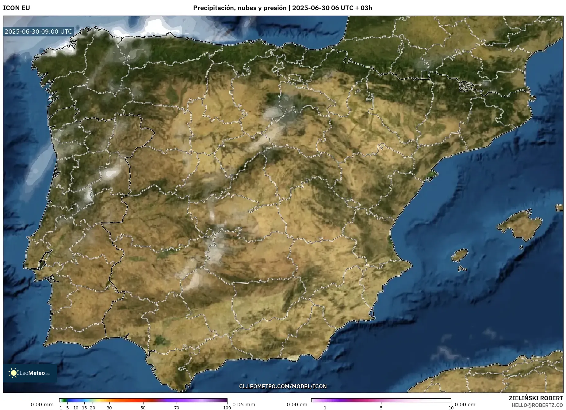 ICON model - España, Precipitación, nubes y presión ICON model - España, Precipitación, nubes y presión