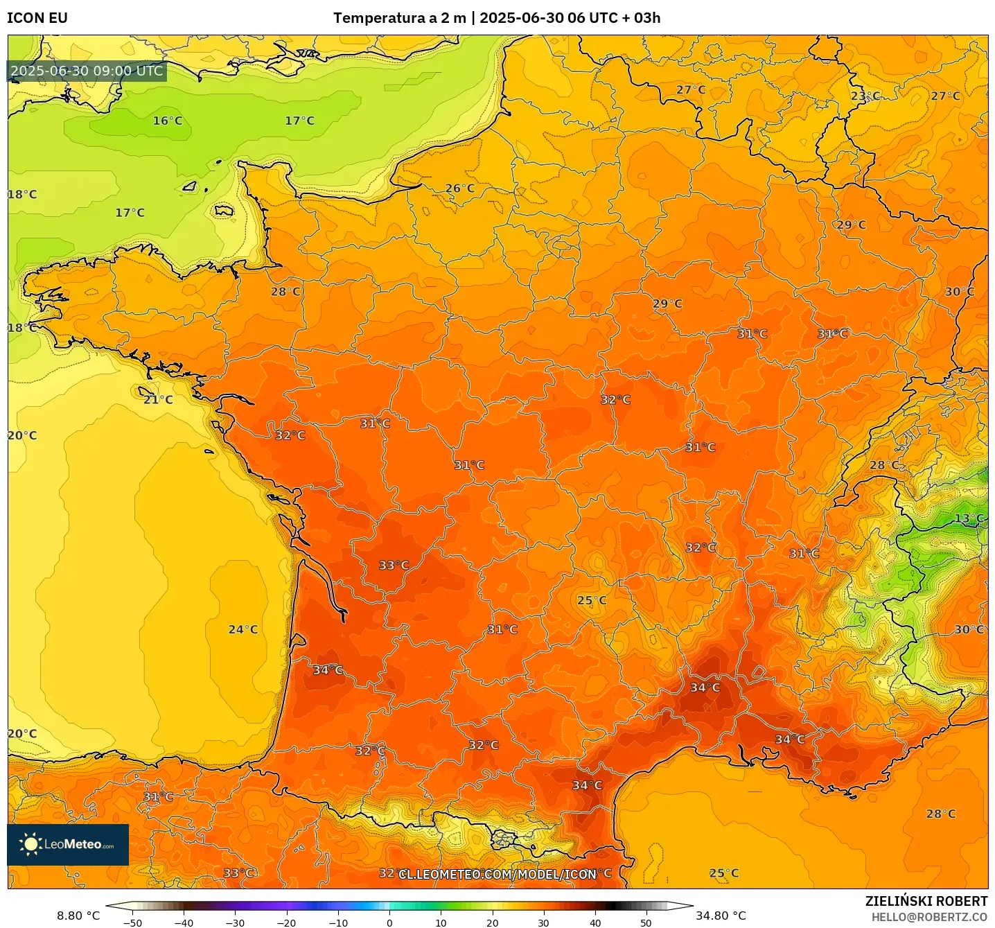 ICON model - Francia, Temperatura a 2 m ICON model - Francia, Temperatura a 2 m